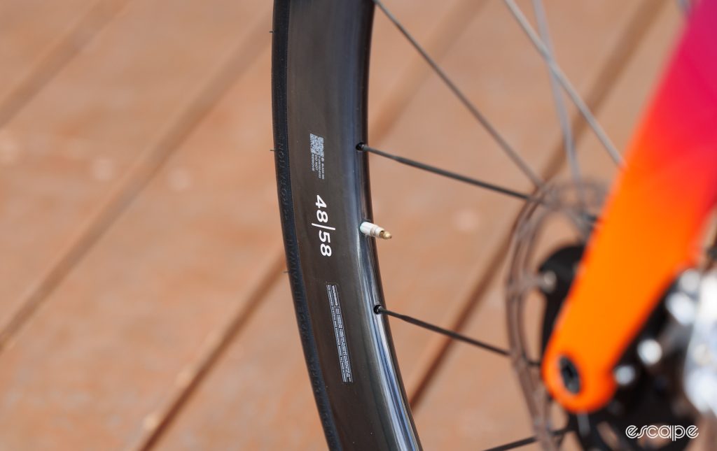 The image shows the 48|58 model name on Black Inc's new wheelset. 