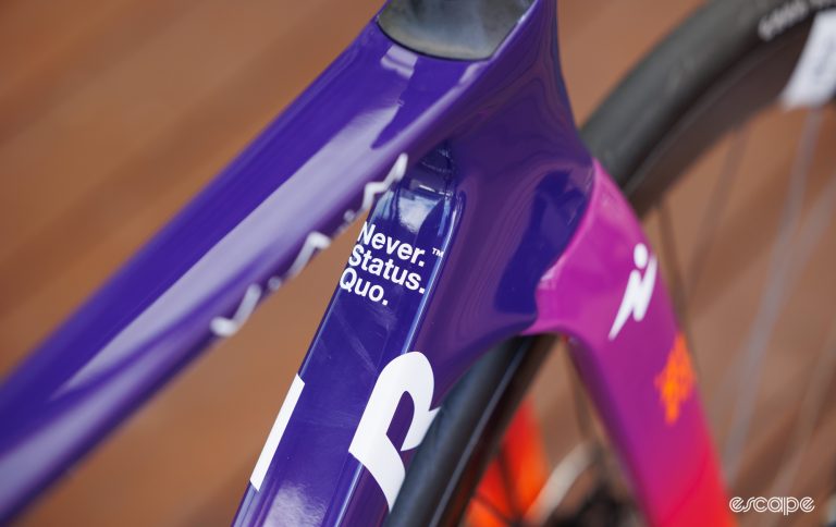 A closeup shot of the head tube of Ruth Edwards' Factor Ostro VAM, with the motto "never status quo" on the back of the downtube.
