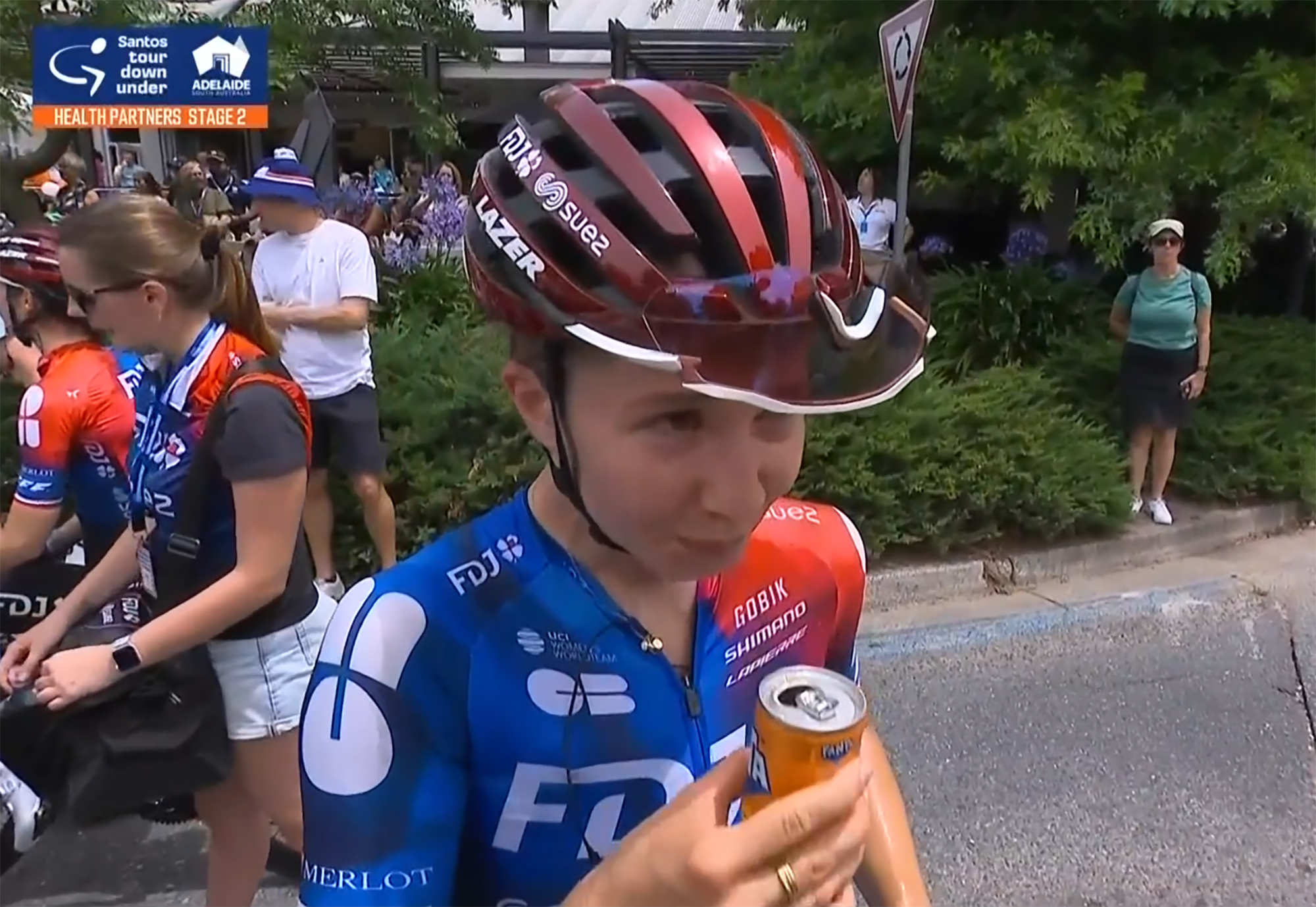 A screengrab of Cecilie Uttrup Ludwig taking a sip of Fanta after winning stage 2 of the women's Tour Down Under.