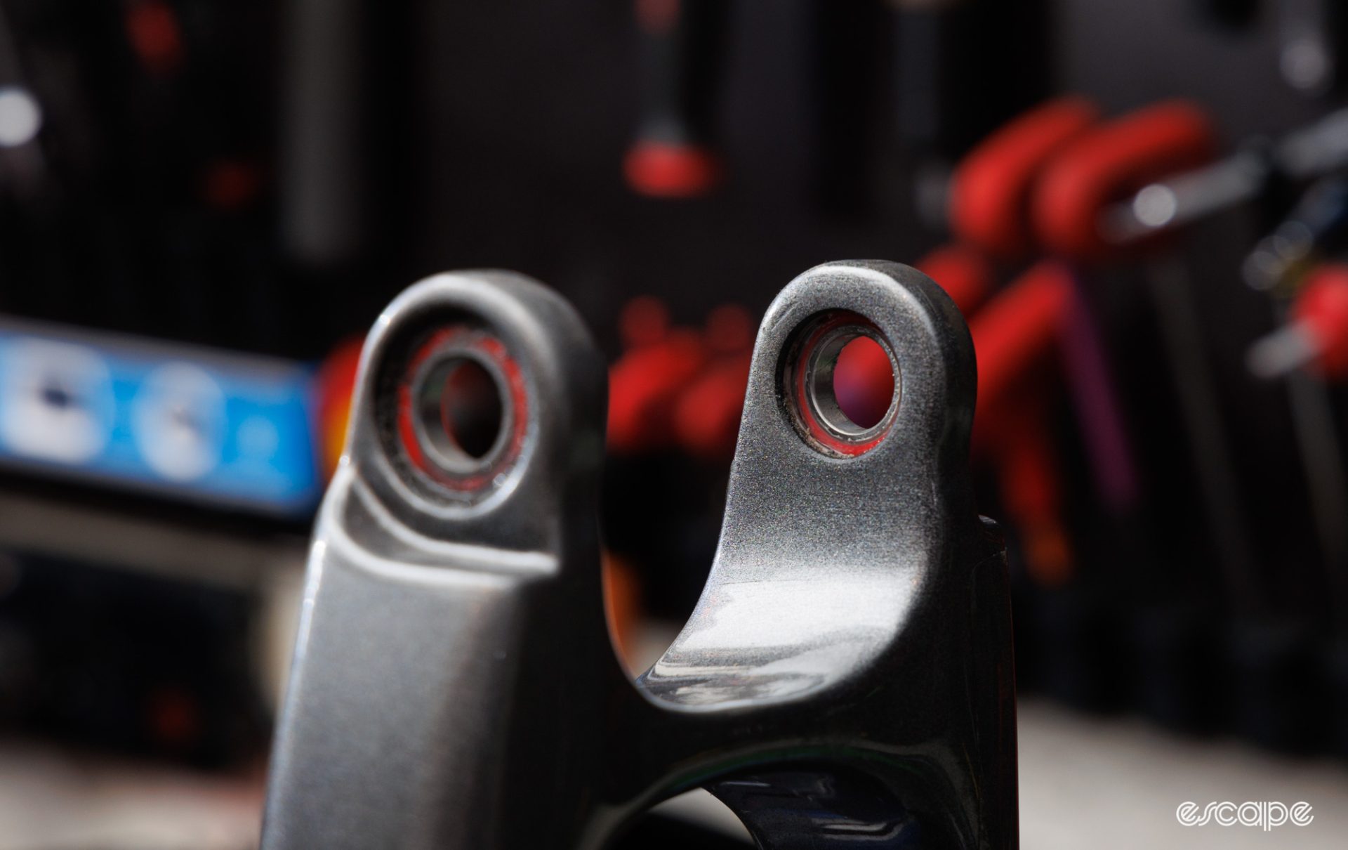 A mountain bike seat stay assembly displays a common bearing arrangement. 