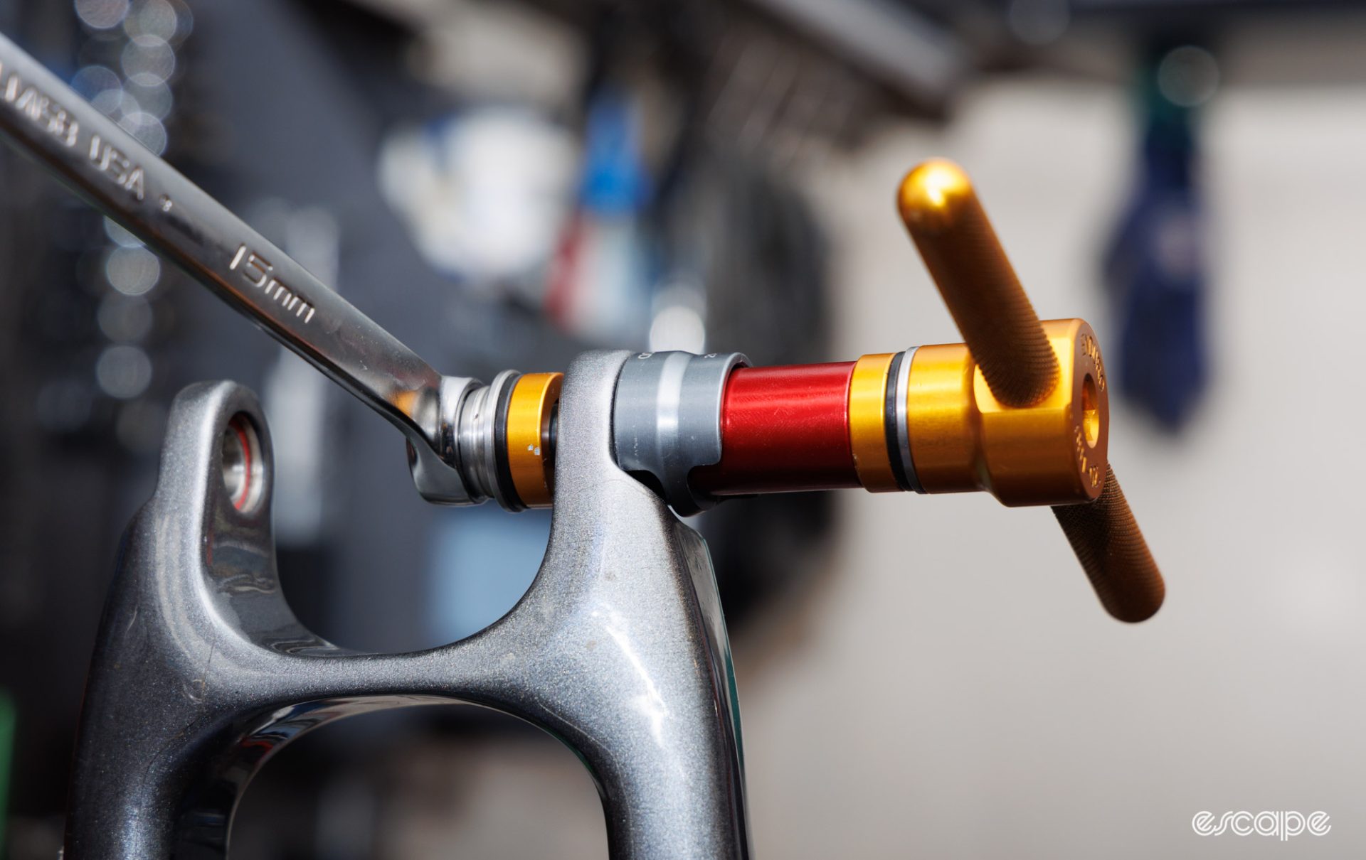 Enduro BRT-051 in use on a seat stay bearing. Gold handles are the focal point of the image. 