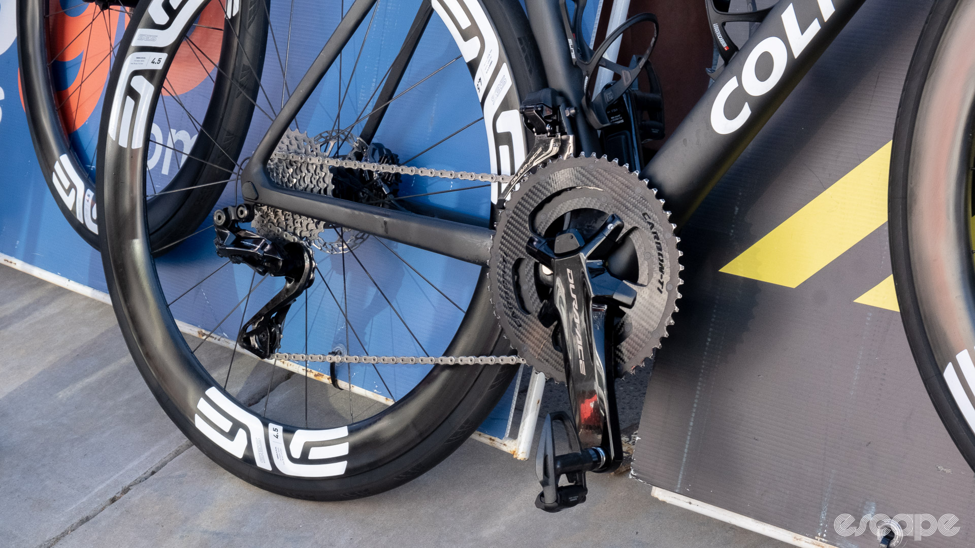 The photo shows CarbonTI chainrings on a UAE Team Emirates Colnago V4Rs 