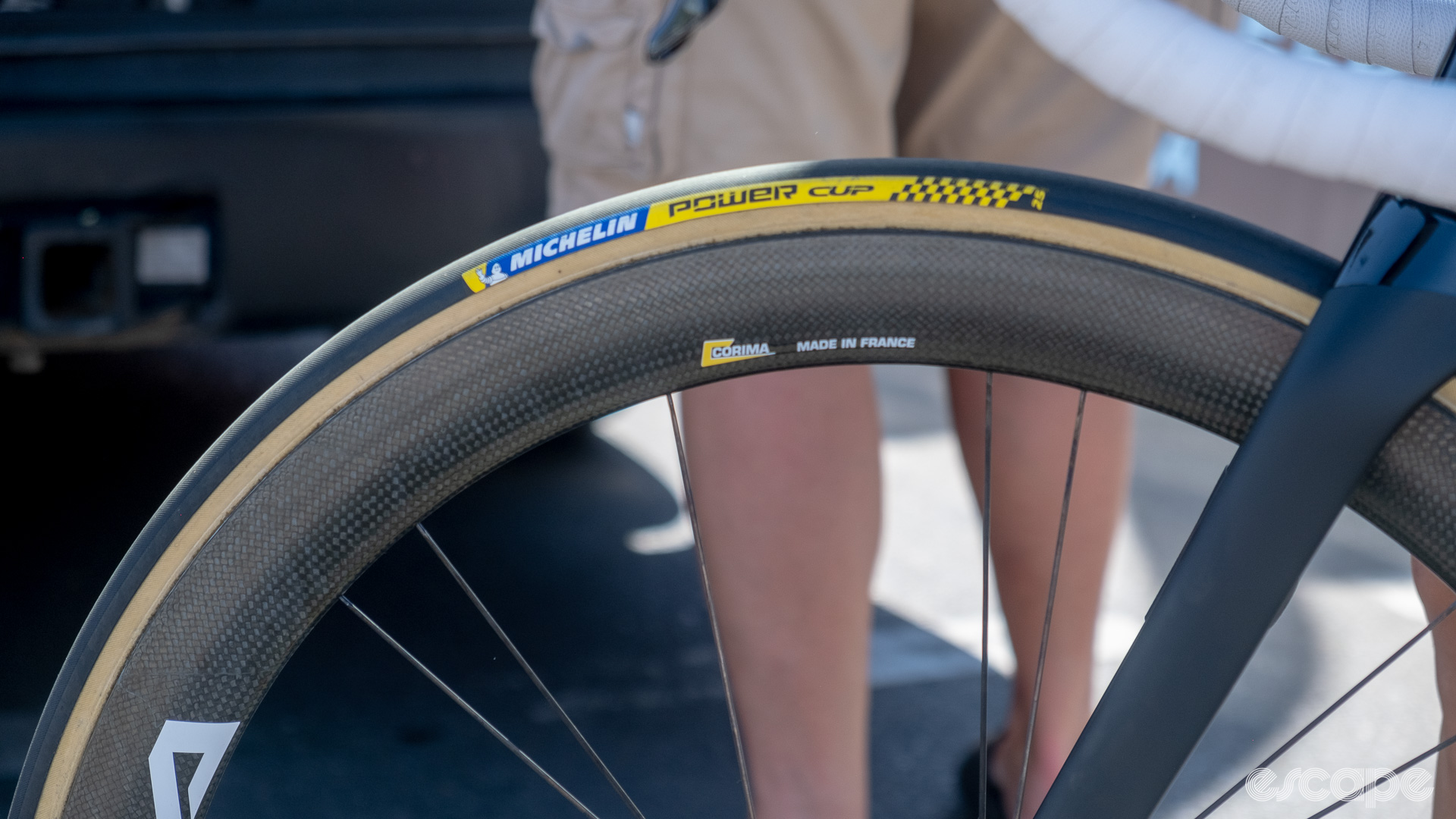 The photo shows Team Cofidis' Michelin Power Cup tubular tyres on Corima rims. 