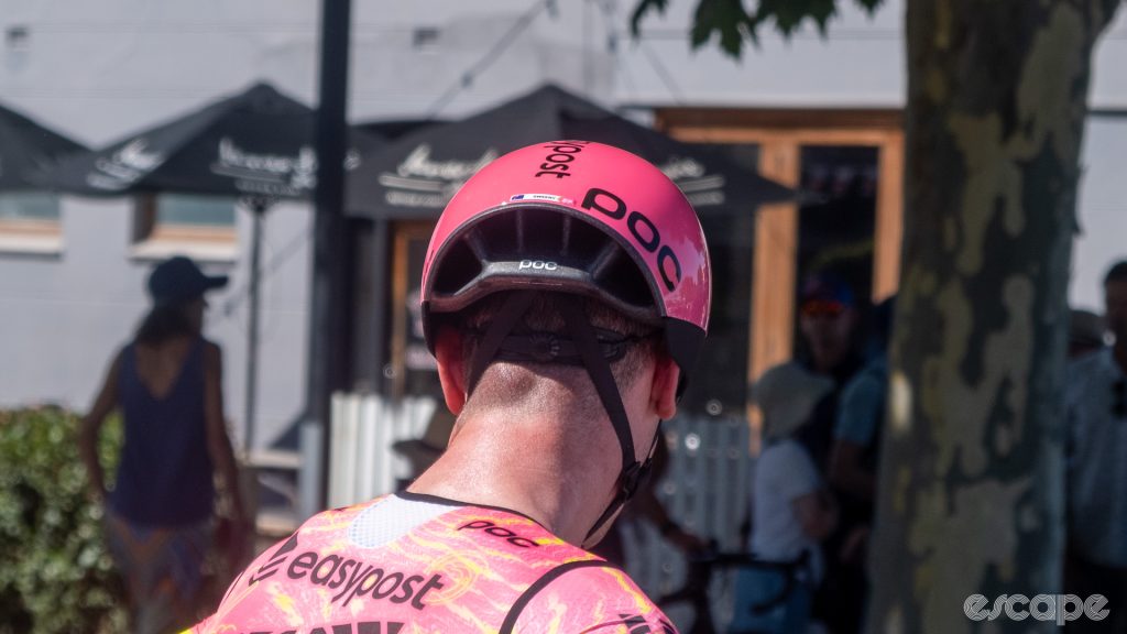 The image shows the rear of the new POC aero road helmet