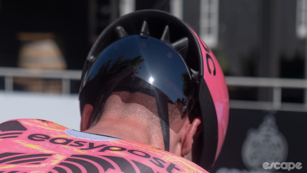 The image shows the new POC aero road helmet with the visor attached to the rear. 