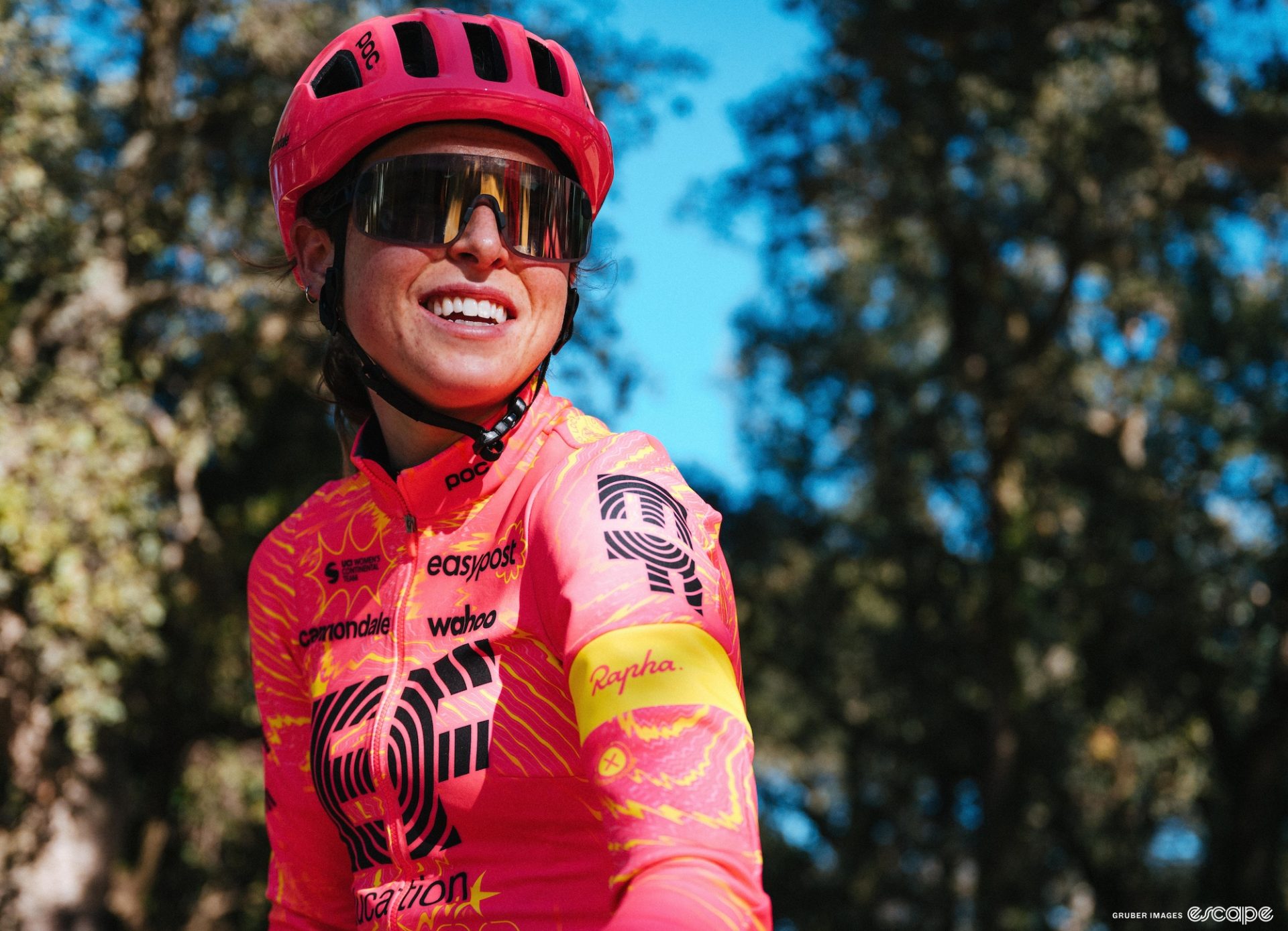 EF Education First's jerseys are an unmistakeable pink with yellow splatters and yellow armband.