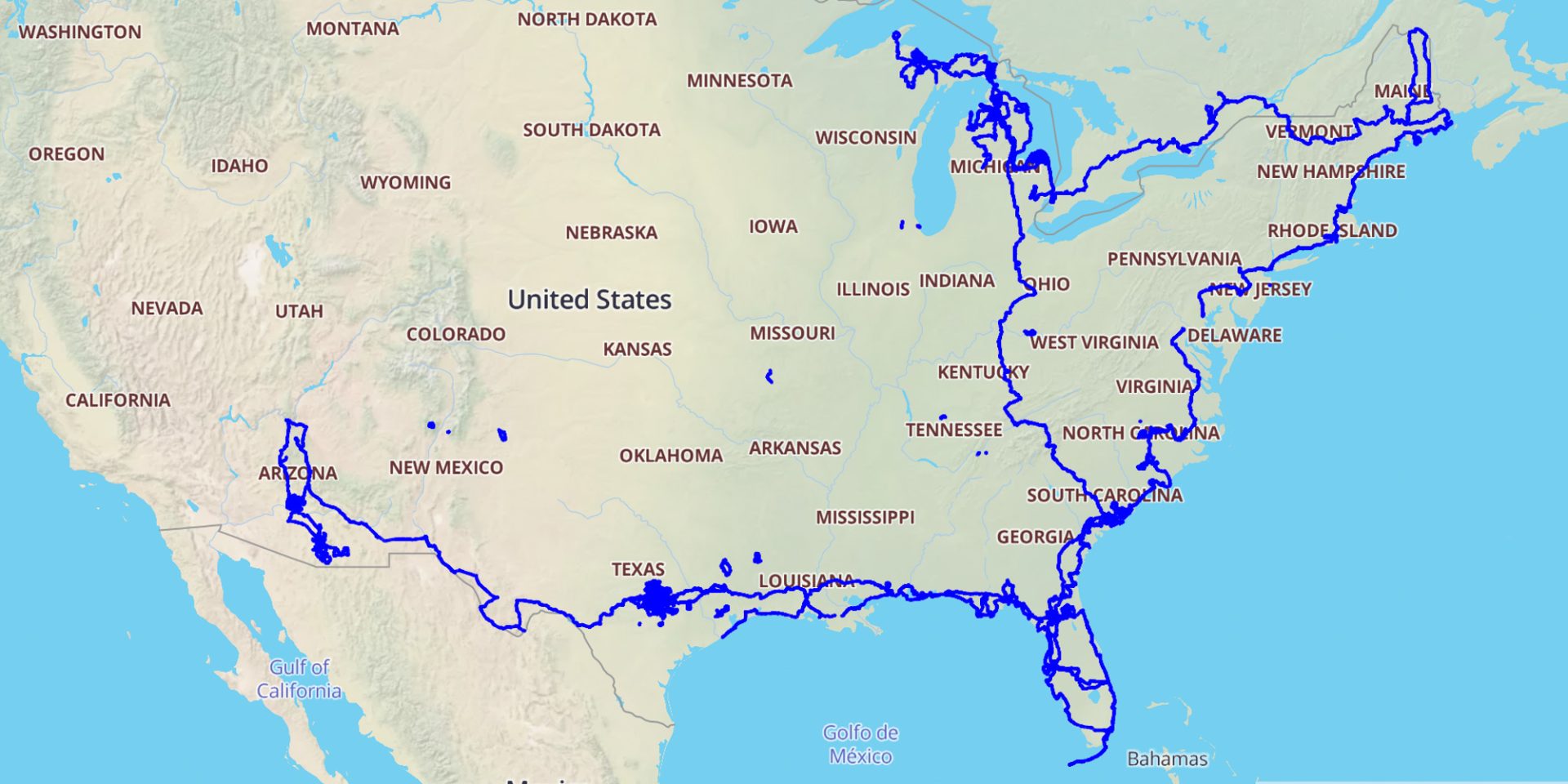 Bingesser's route in 2023, showing dense clusters around Tucson, Tempe, and Austin, as well as a long west-east route from Arizona into Florida, and then up the eastern seaboard, west through the Great Lakes, and back down to the Carolinas.