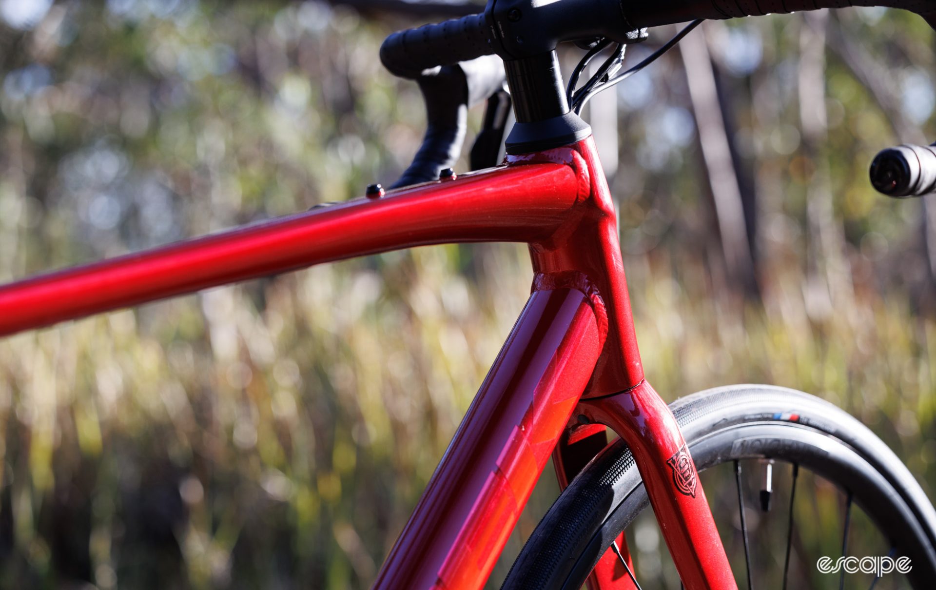 An image showing the candy red paint and shapely front to the bike. 