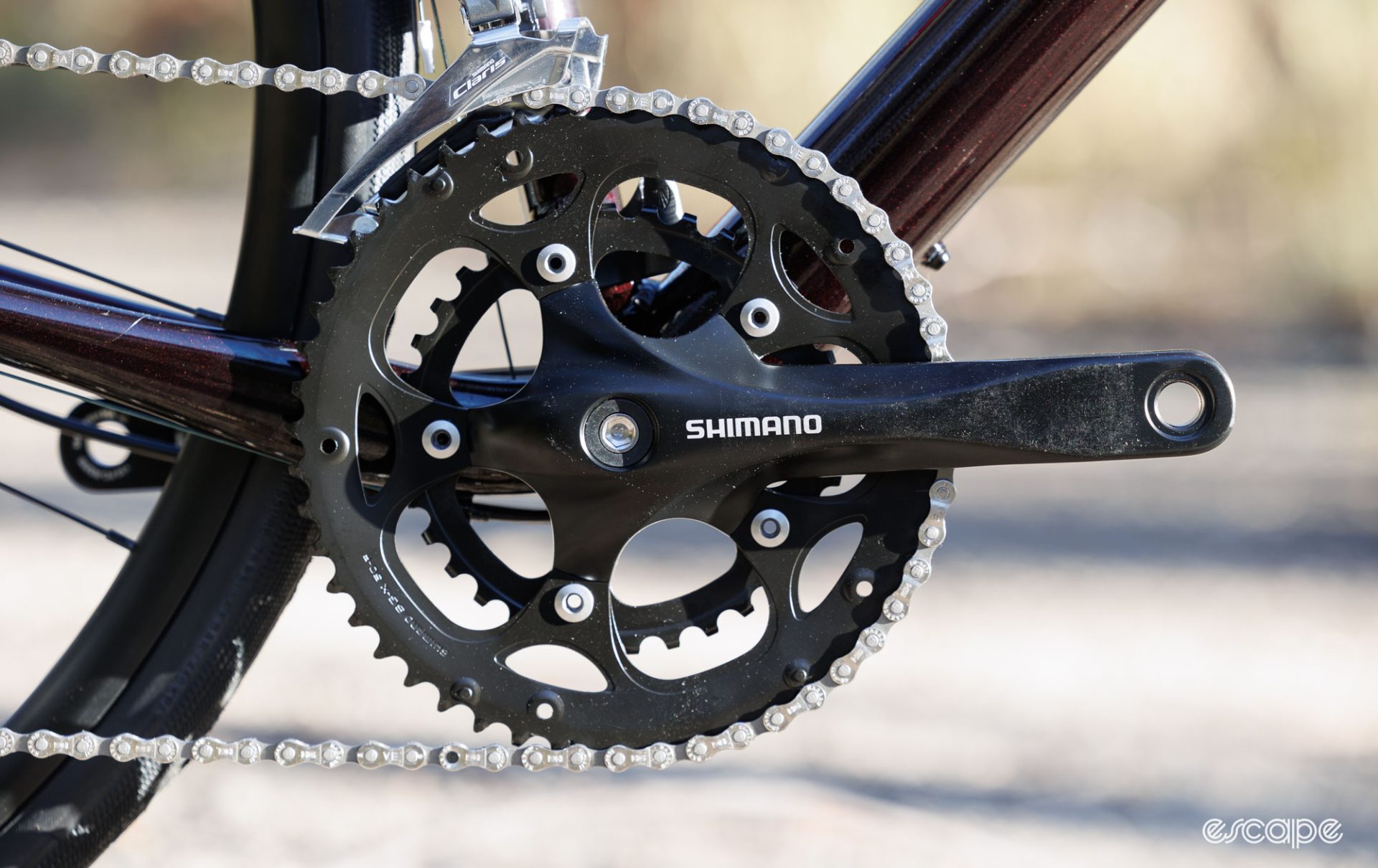 A view of the Shimano crankset. 