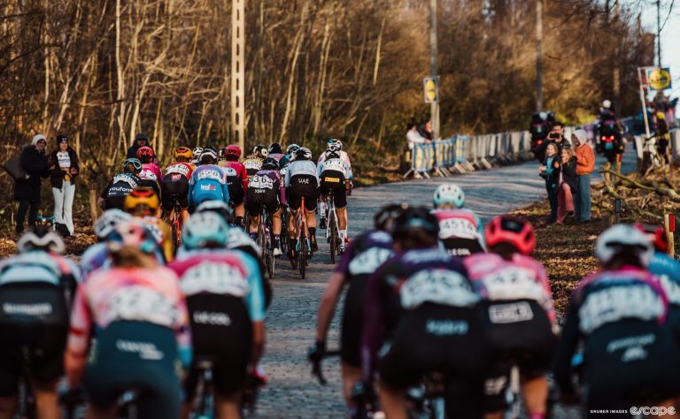 The women's peloton races over cobbled roads in Belgium