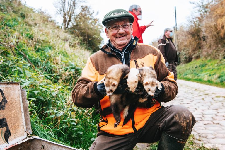 An older gent holding three ferrets smiles at the camera. Behind him is a hint of cobbled road.