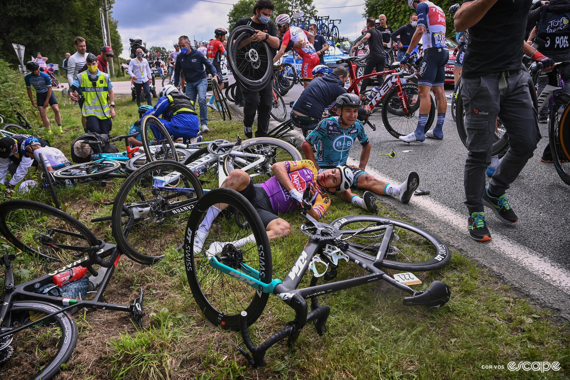 A photo of the strewn bikes and riders following a mass crash during stage 1 of the 2021 Tour de France.