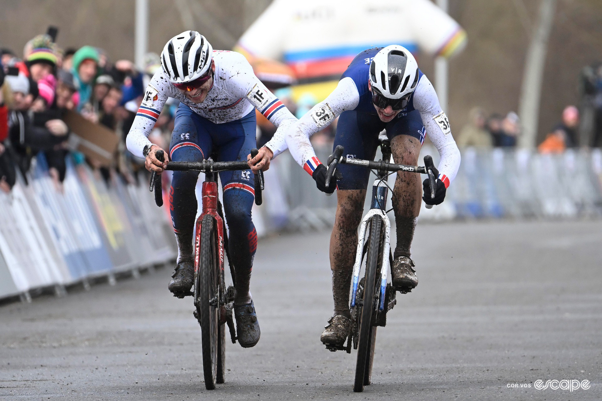 British rider Cameron Mason pictured sprinting against the young Frenchman Aubin Spaufel whose superior sprint won France the team relay at the UCI Cyclo-Cross World Championships in Tábor.
