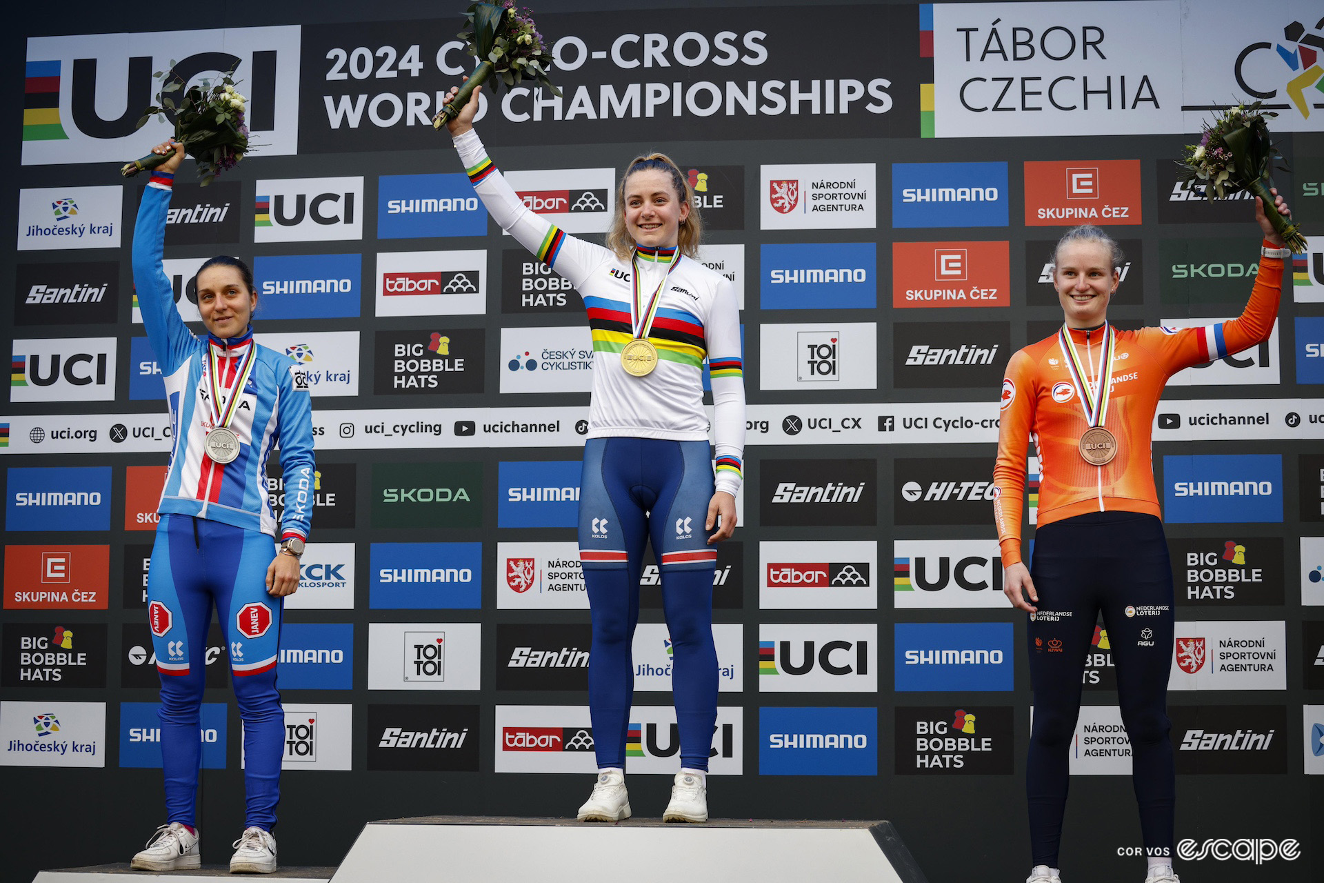 The under-23 women's podium at the 2024 Cyclocross World Championships in Tábor.