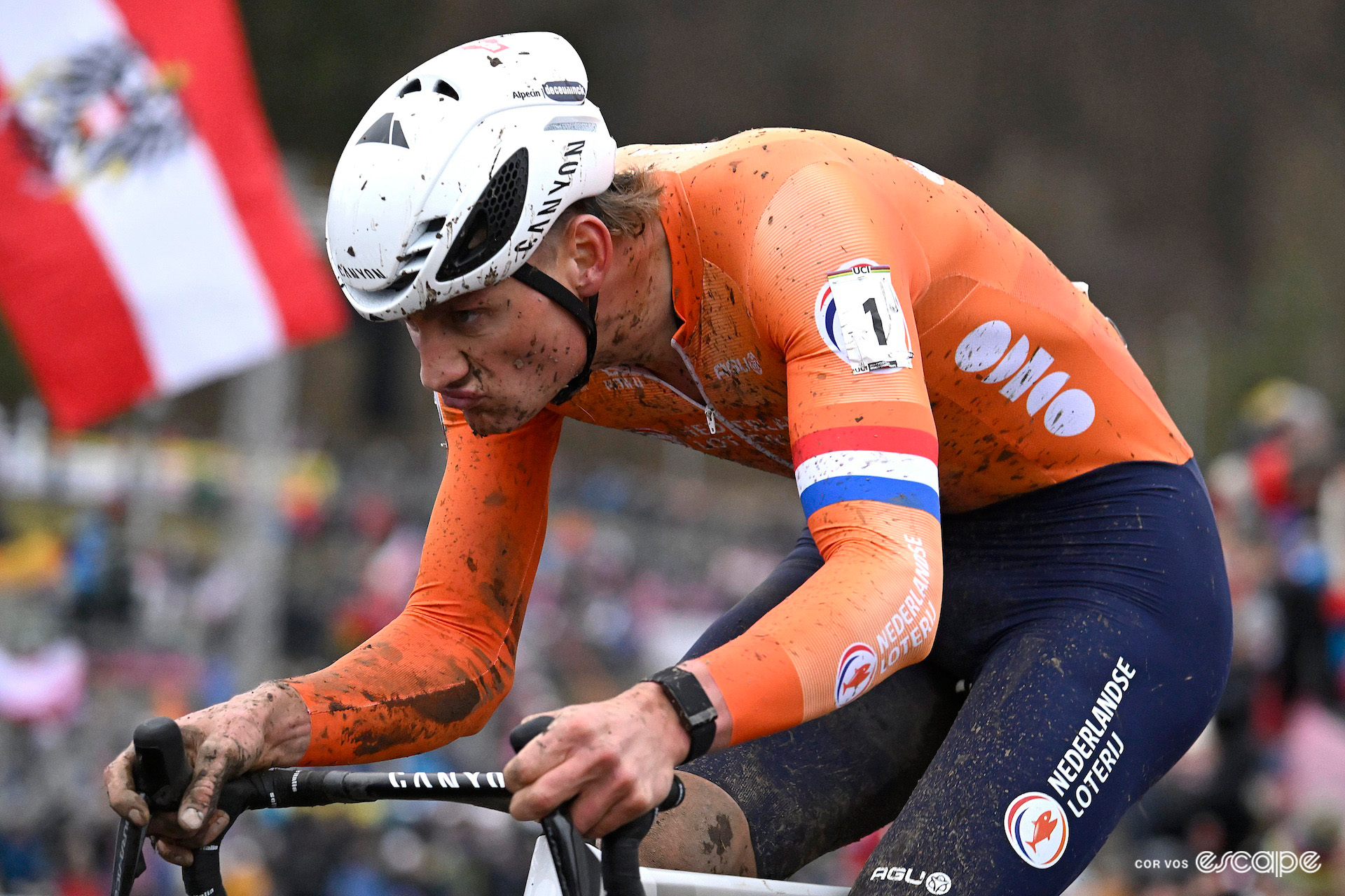 Dutchman Mathieu van der Poel with his head down during the 2024 Cyclocross World Championships in Tábor.