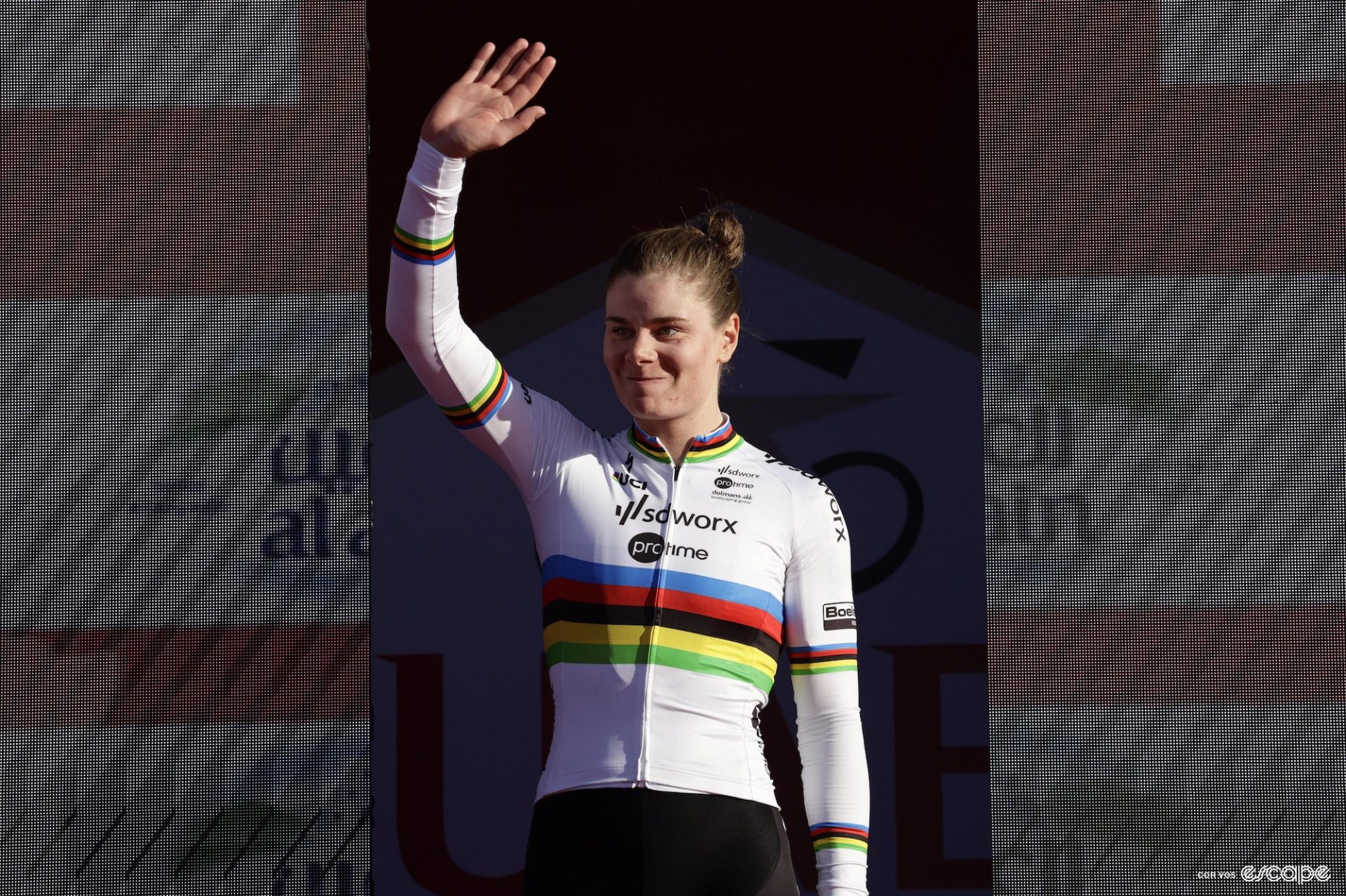 Kopecky in the world champion's jersey on the podium at the UAE Tour