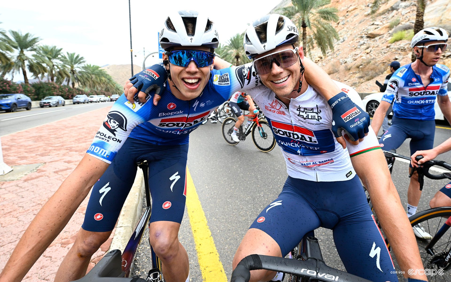 Paul Magnier and Luke Lamperti celebrate going 1-2 on Tour of Oman stage 3.