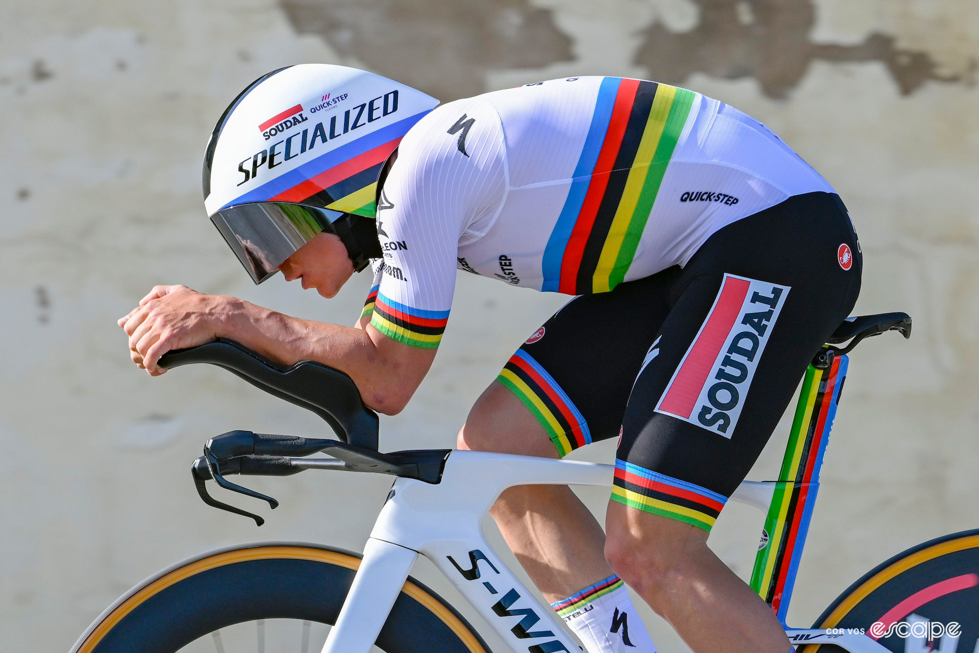 World champion Remco Evenepoel in the rainbow bands during the Volta ao Algarve stage 4 time trial.