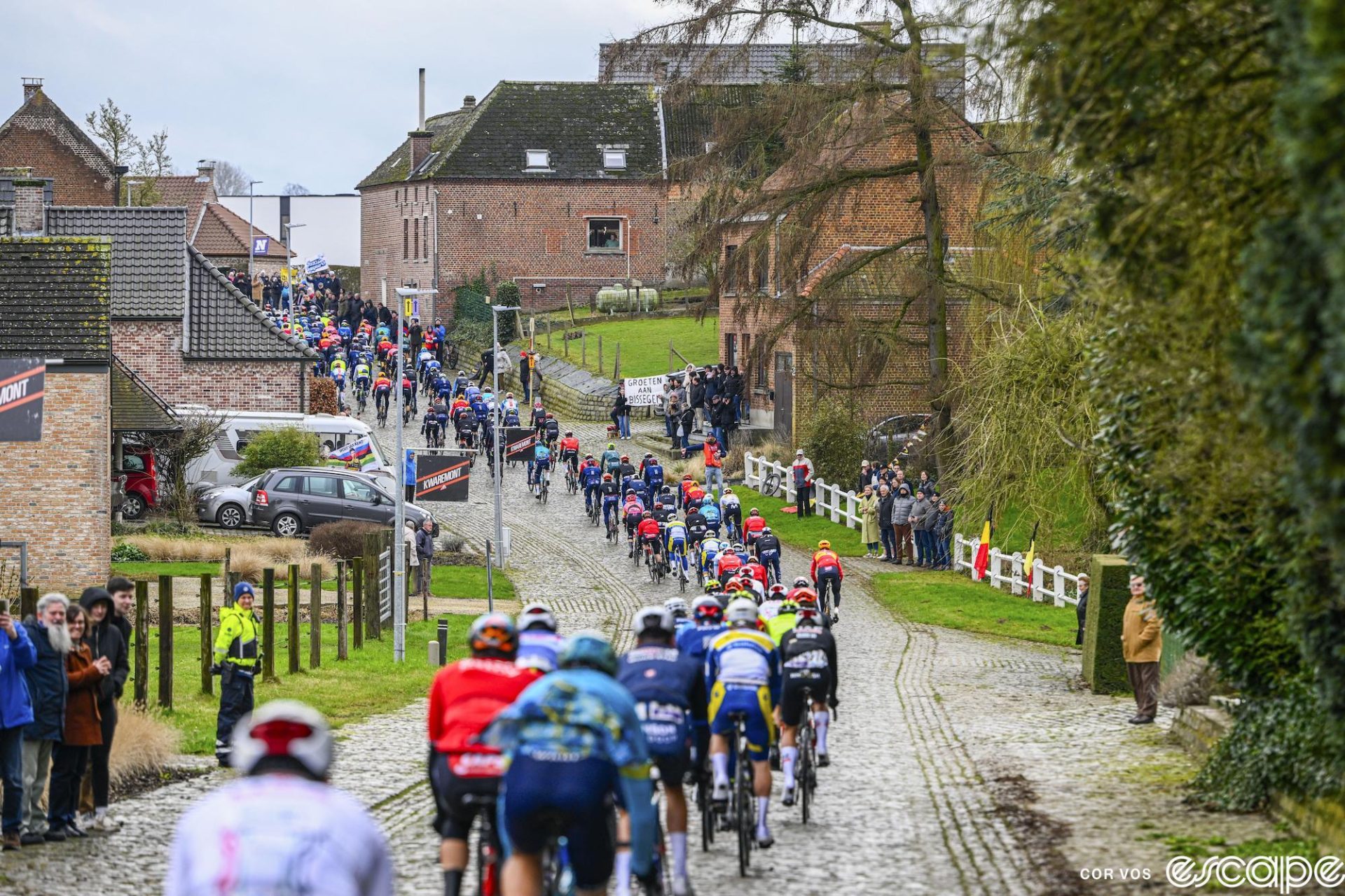 A pack of riders ascends a cobbled climb in the 2024 Omloop Het Nieuwsblad. The sky is grey and cold, and the riders are bundled up against it as they ride past green fields and red brick buildings.
