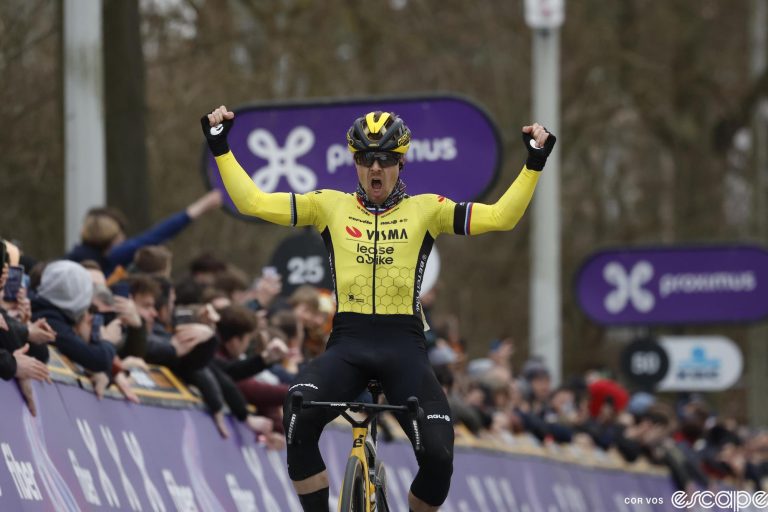 Jan Tratnik posts up as he wins a two-up sprint for the 2024 Het Nieuwsblad.