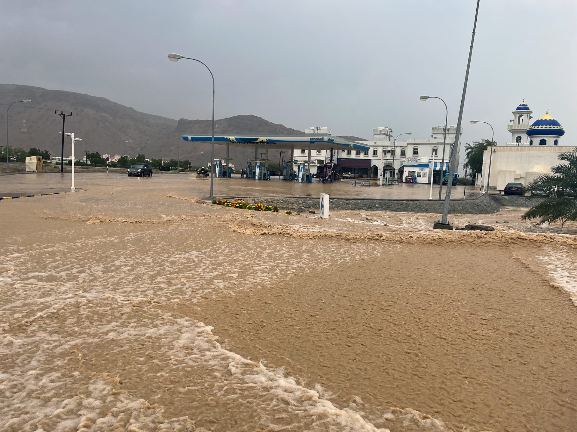 Flooding at a petrol station.