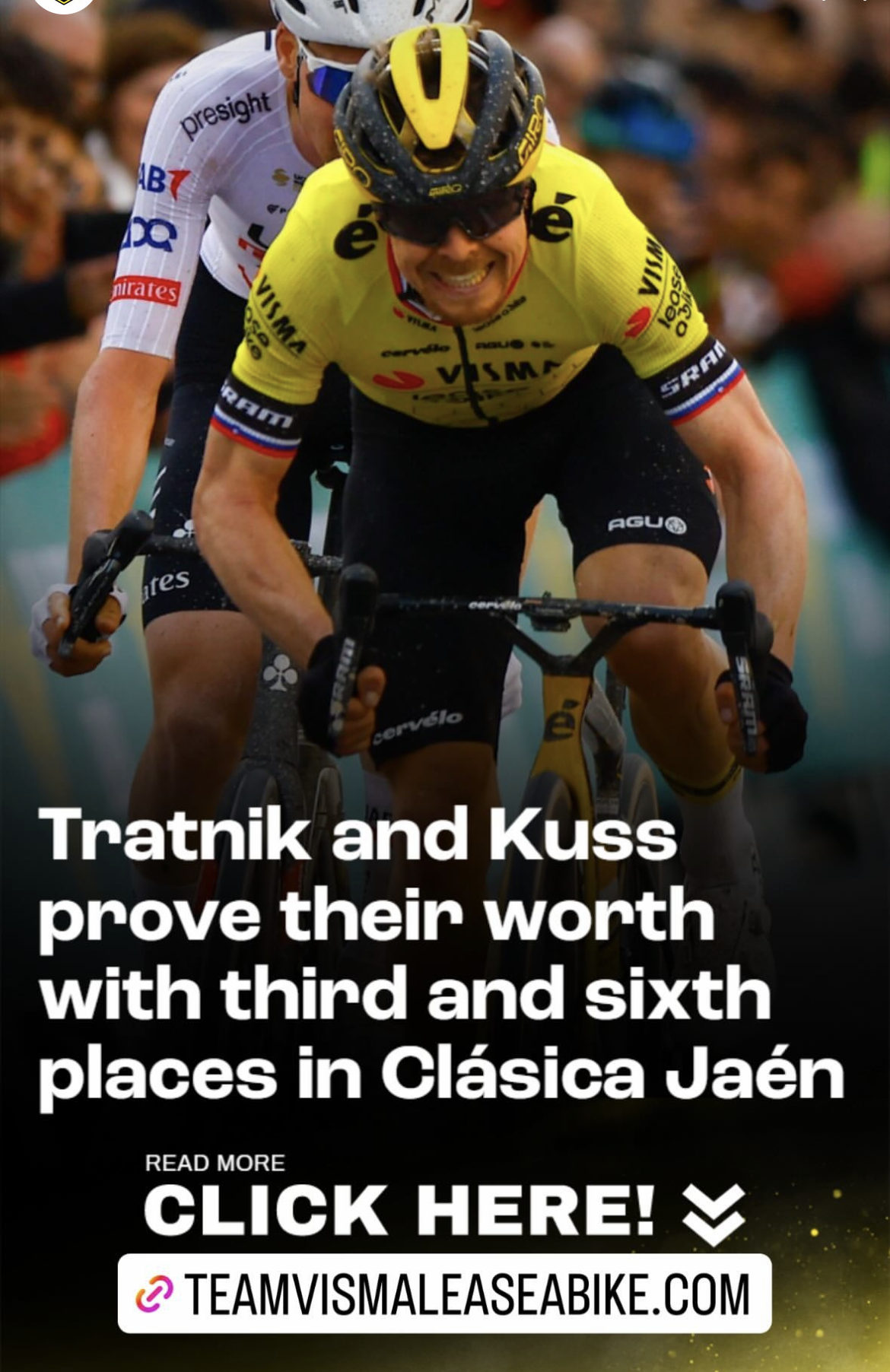 A screengrab of a Visma-Lease a Bike social media post showing Jan Tratnik at Clasica Jaen with the caption "Tratnik and Kuss prove their worth with third and sixth places in Clasica Jaen."