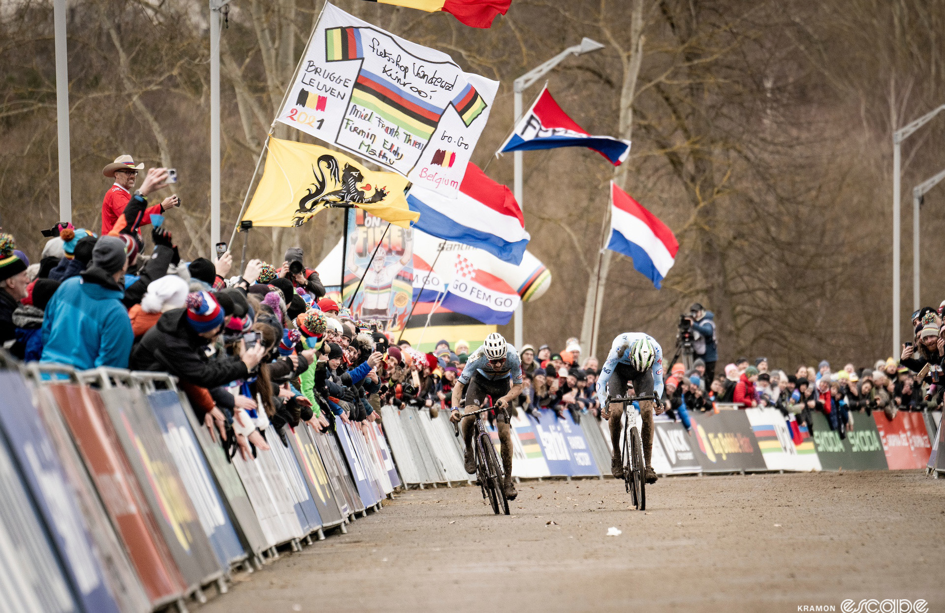 Belgian under-23 duo Emiel Verstrynge and Jente Michels sprint for the silver medal at the 2024 Cyclocross World Championships in Tábor.