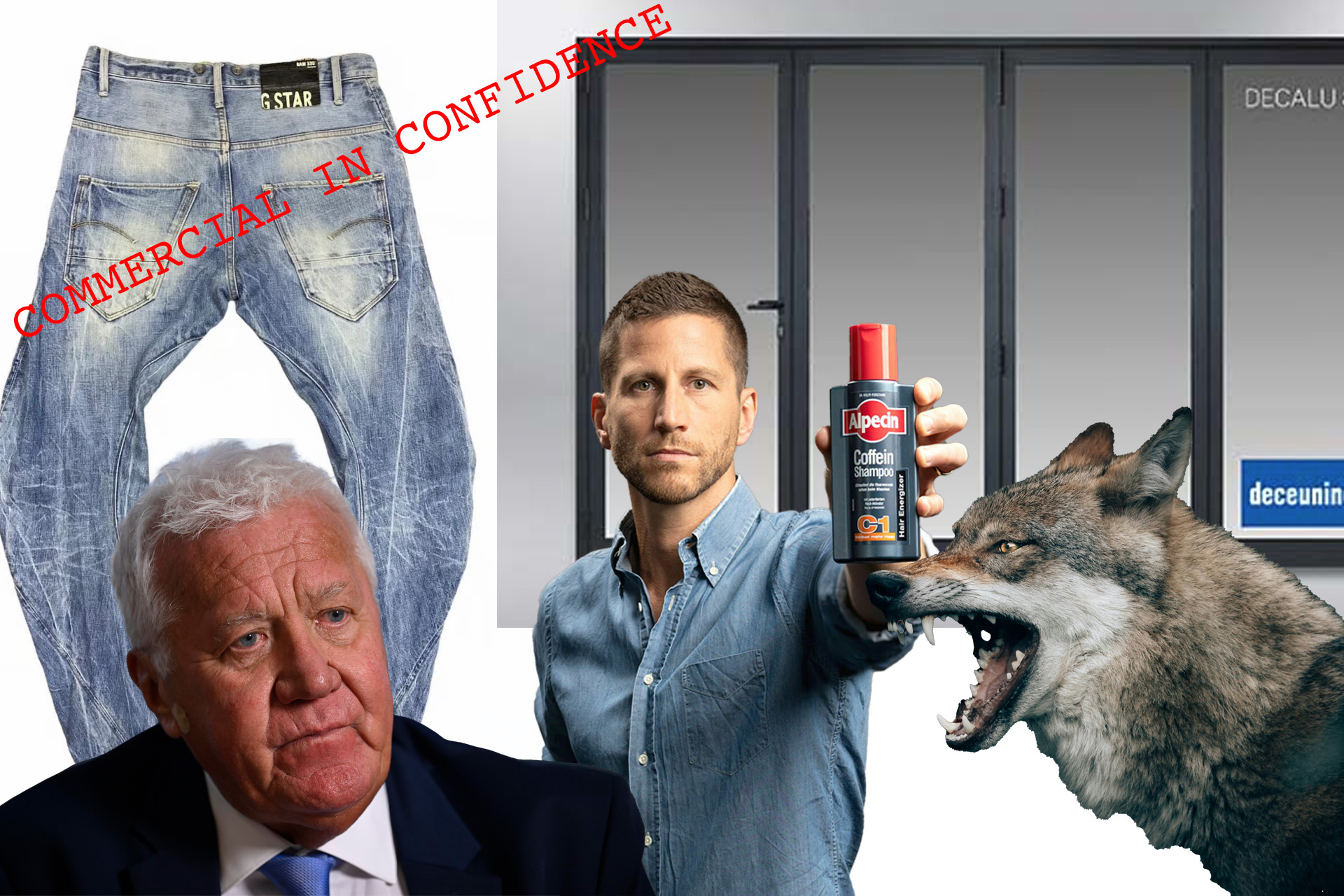 A moodboard featuring overlaid images of a man with a denim shirt holding a bottle of shampoo, a snarling wolf, a pair of unfortunate looking jeans, a windowframe and Patrick Lefevere. In red across the top left is a note reading 'COMMERCIAL IN CONFIDENCE'