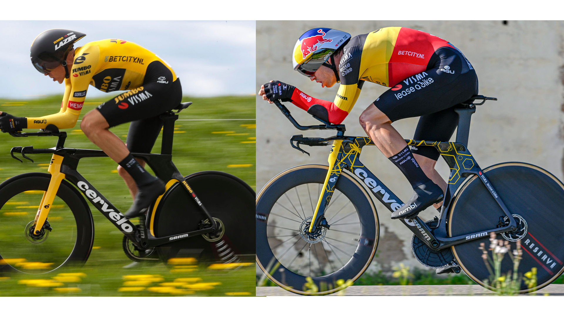 The photo shows a comparison of the old and new Cervelo P5 side by side.