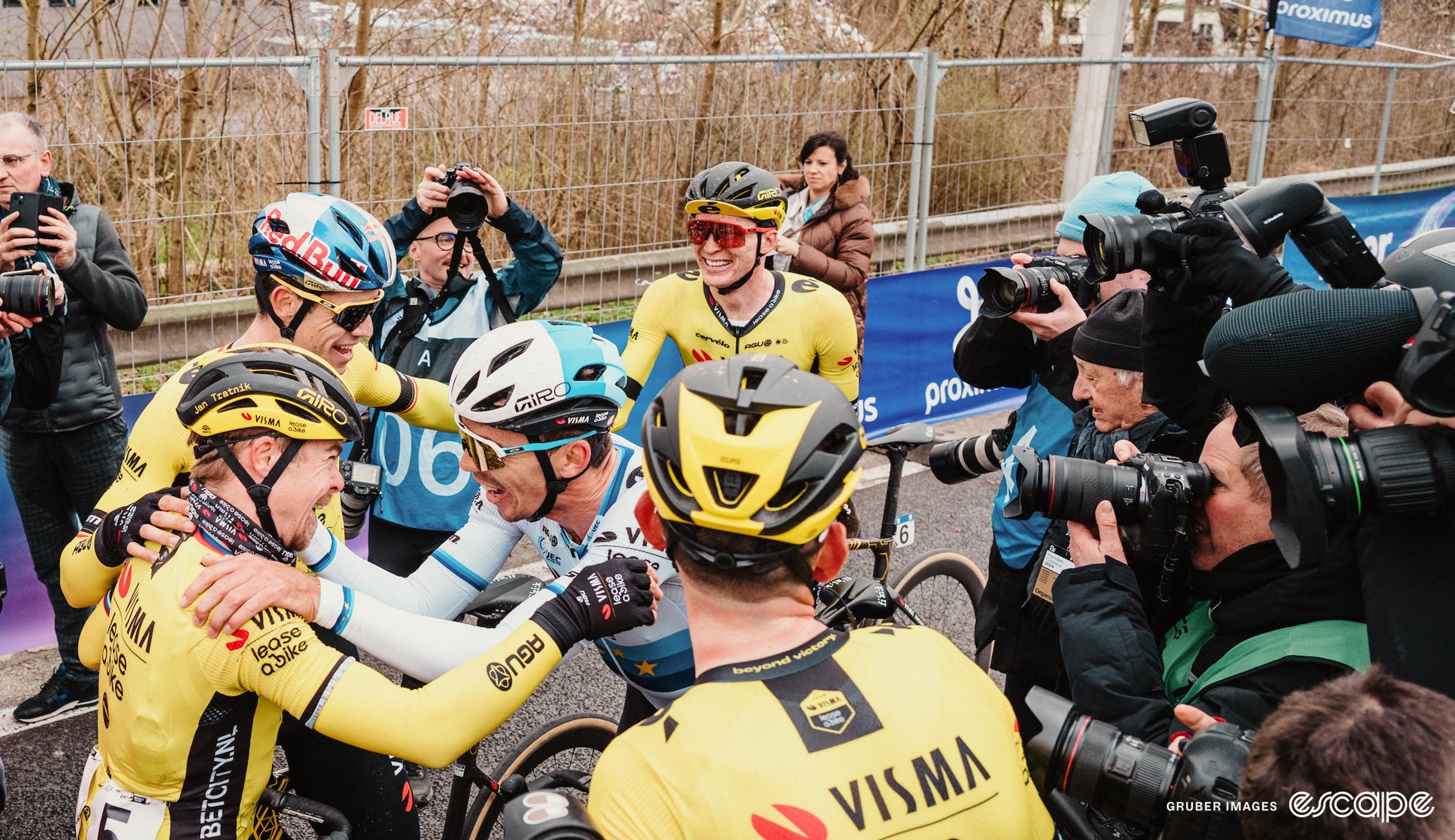Visma-Lease a Bike riders celebrate Tratnik's win