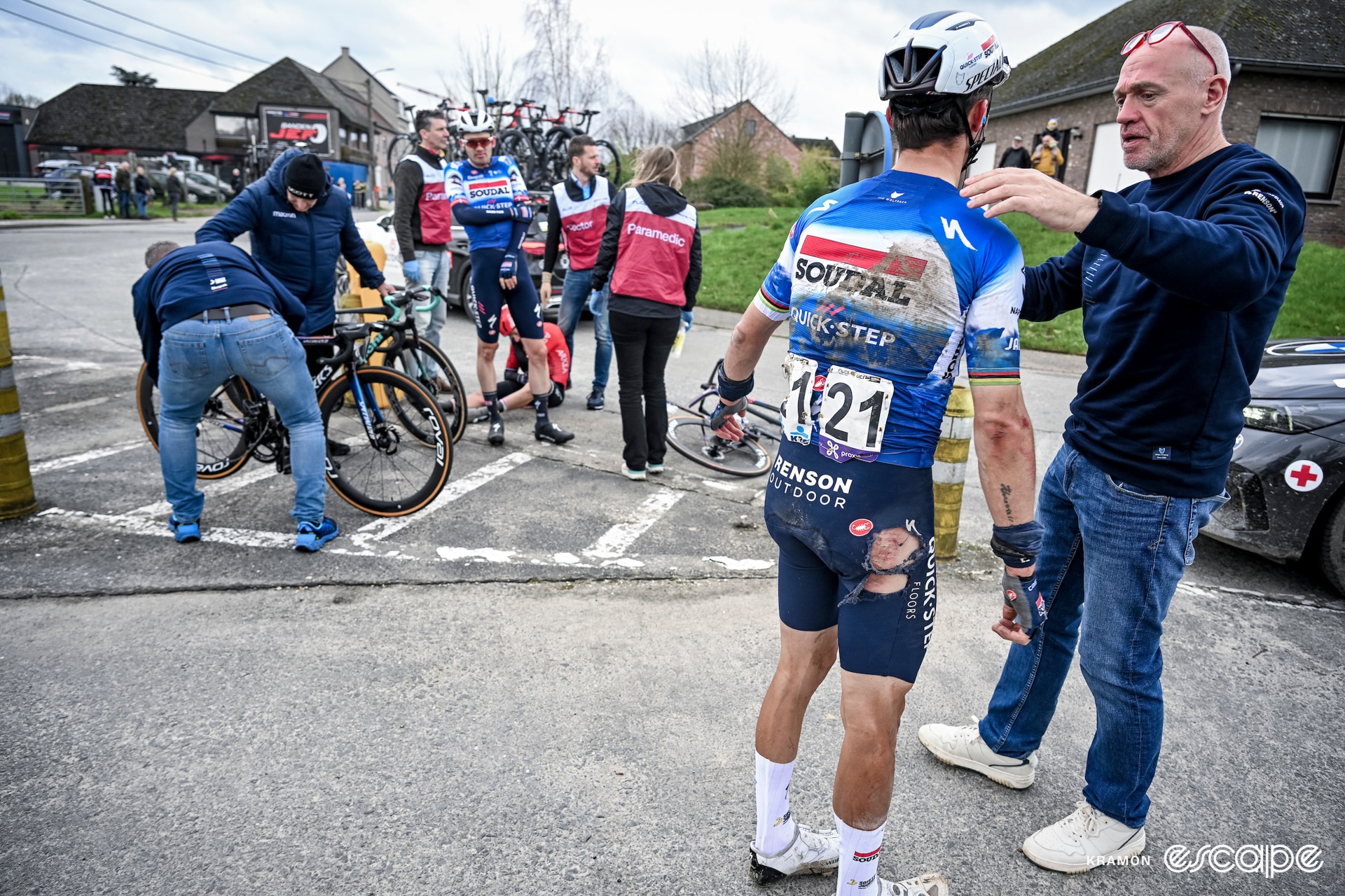 Alaphilippe and Asgreen look battered after a crash