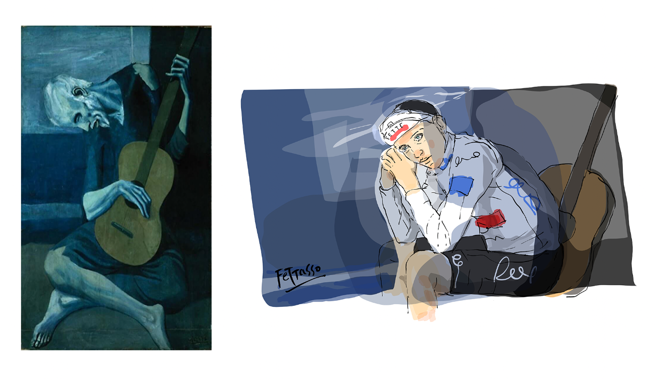 A composite image with Picasso's The Old Guitarist on the left, and a Fette illustration of Pogačar on the right. The colour palate is very similar; in the Picasso illustration an elderly man is hunched over a guitar, while in the Fette illustration, Pogačar contemplatively looks into middle distance, a guitar behind him at the same angle.  