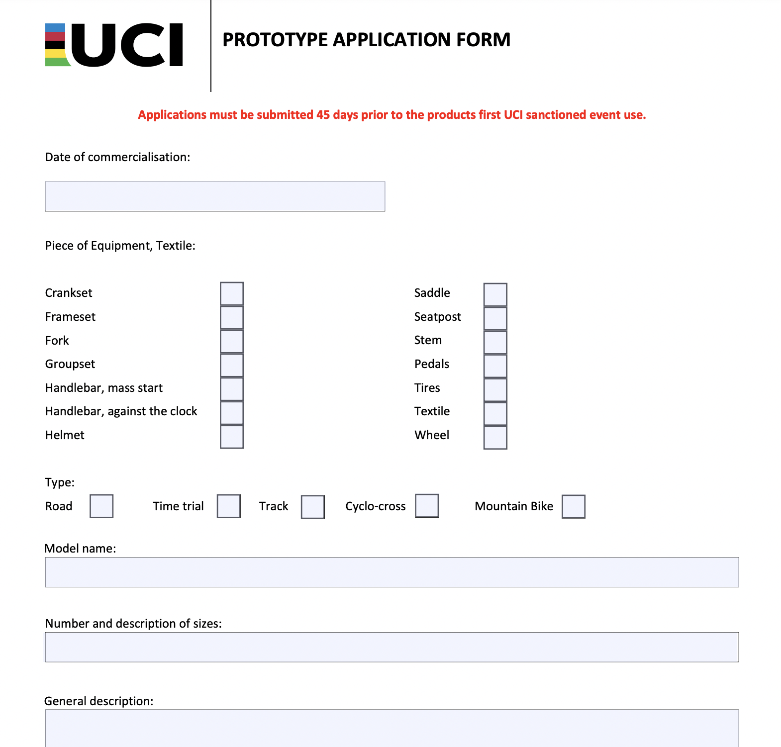The image shows a screenshot of the UCI's Prototype Application Form with the requirement for applications to be submitted 45 days prior to use in UCI events highlighted in red bold text. Tick box options are provided for many component and textile types, with pedals among the list.