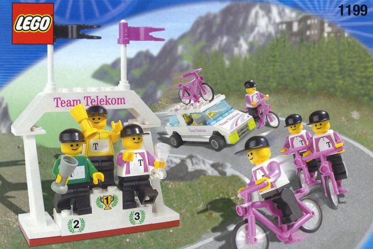 A scan of a Lego box, with a team of Team Telekom cyclists, a team car, a podium with three riders on it, and a gantry.