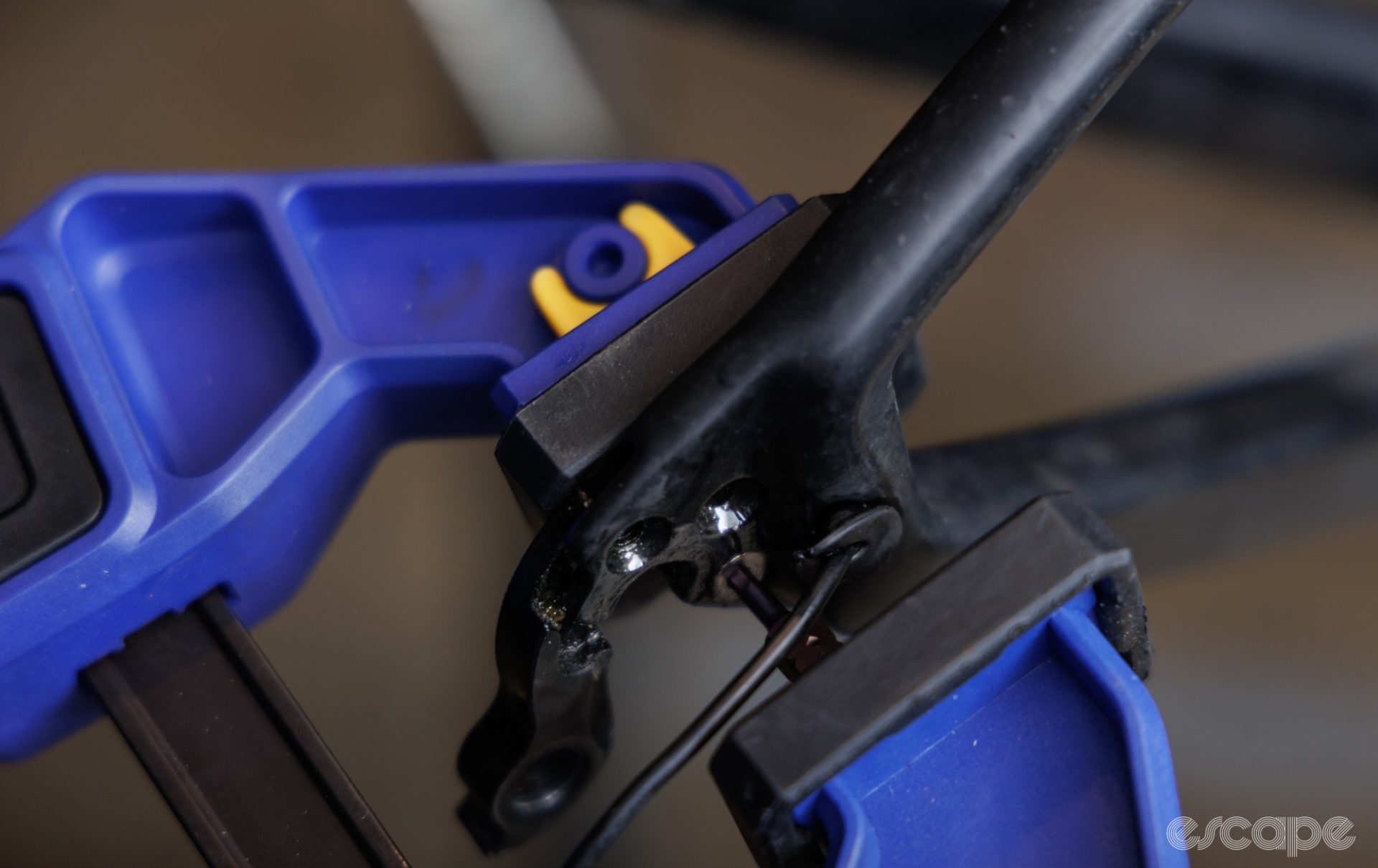Irwin Quick-Grip Heavy Duty clamped being used to remove a rounded derailleur hanger bolt. 