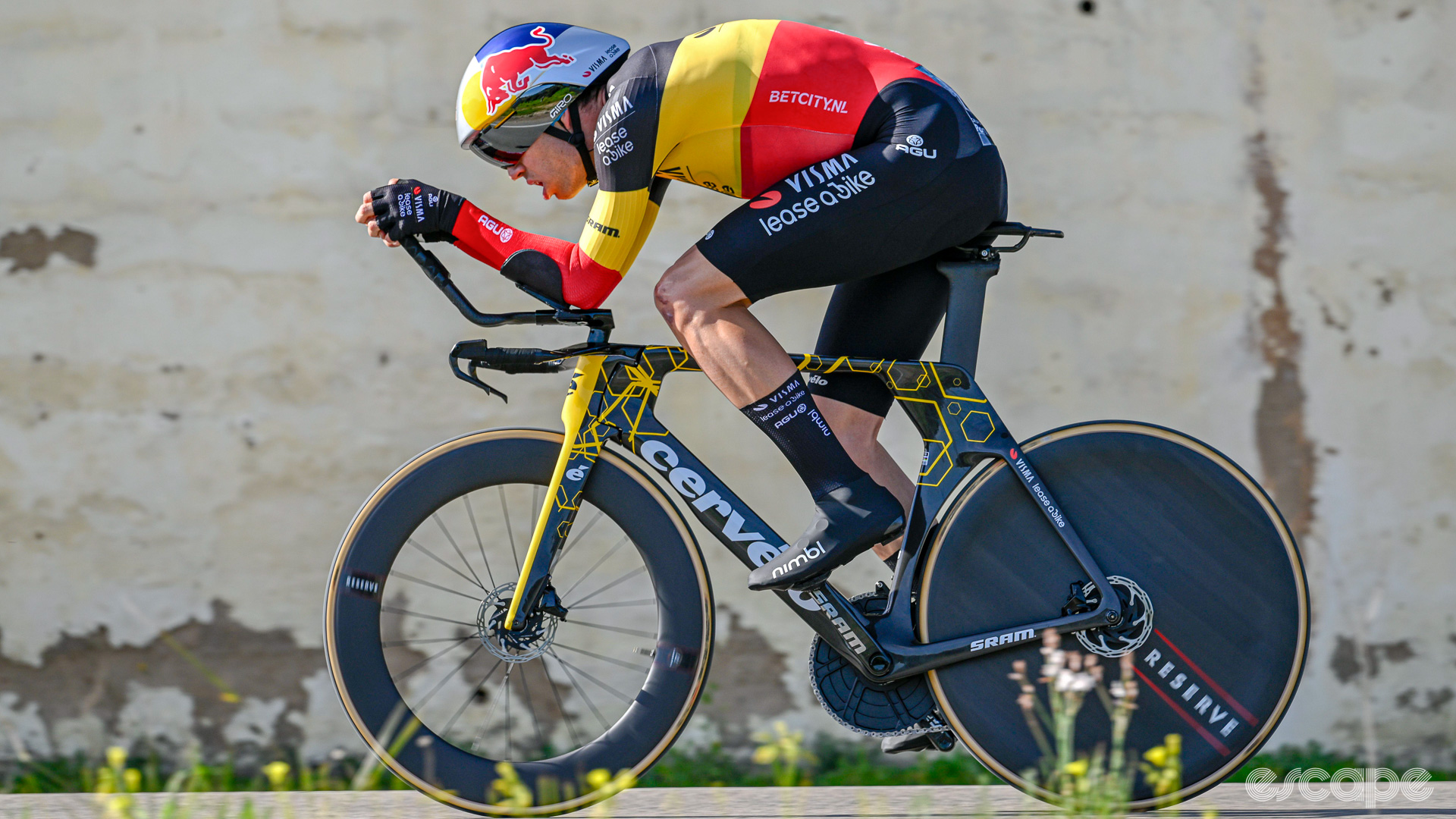 The photo shows Wout van Aert racing on what appears to be a new Cervelo P5.
