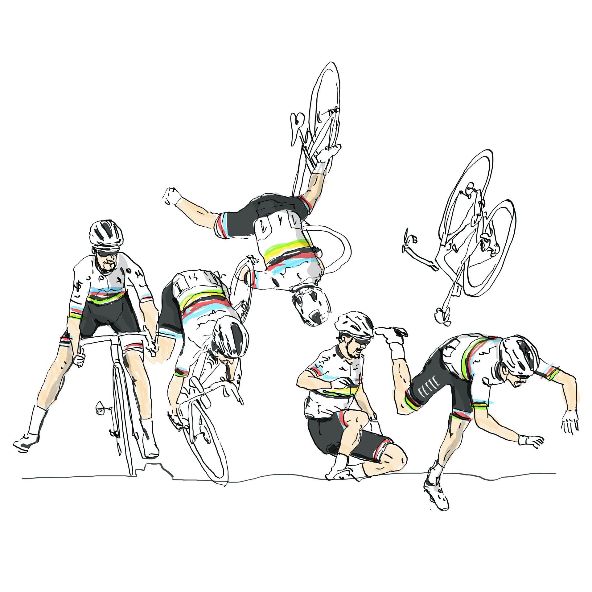 A Fette illustration of then-World Champion Julian Alaphilippe crashing at Strade Bianche. He's shown in a sequence that evokes video screengrabs: right foot unclipped but still on the bike; starting to fall in an endo; fully flipping upside down; and then two of him somehow improbably landing on his feet but them tumbling again. The bike is in the air above him. The only color in the illustration that's not black and white are the rainbow bands of his jersey on the chest and sleeve cuffs and at his shorts hem. In a clever touch, the "sponsor" logo on his shorts reads "Fette."