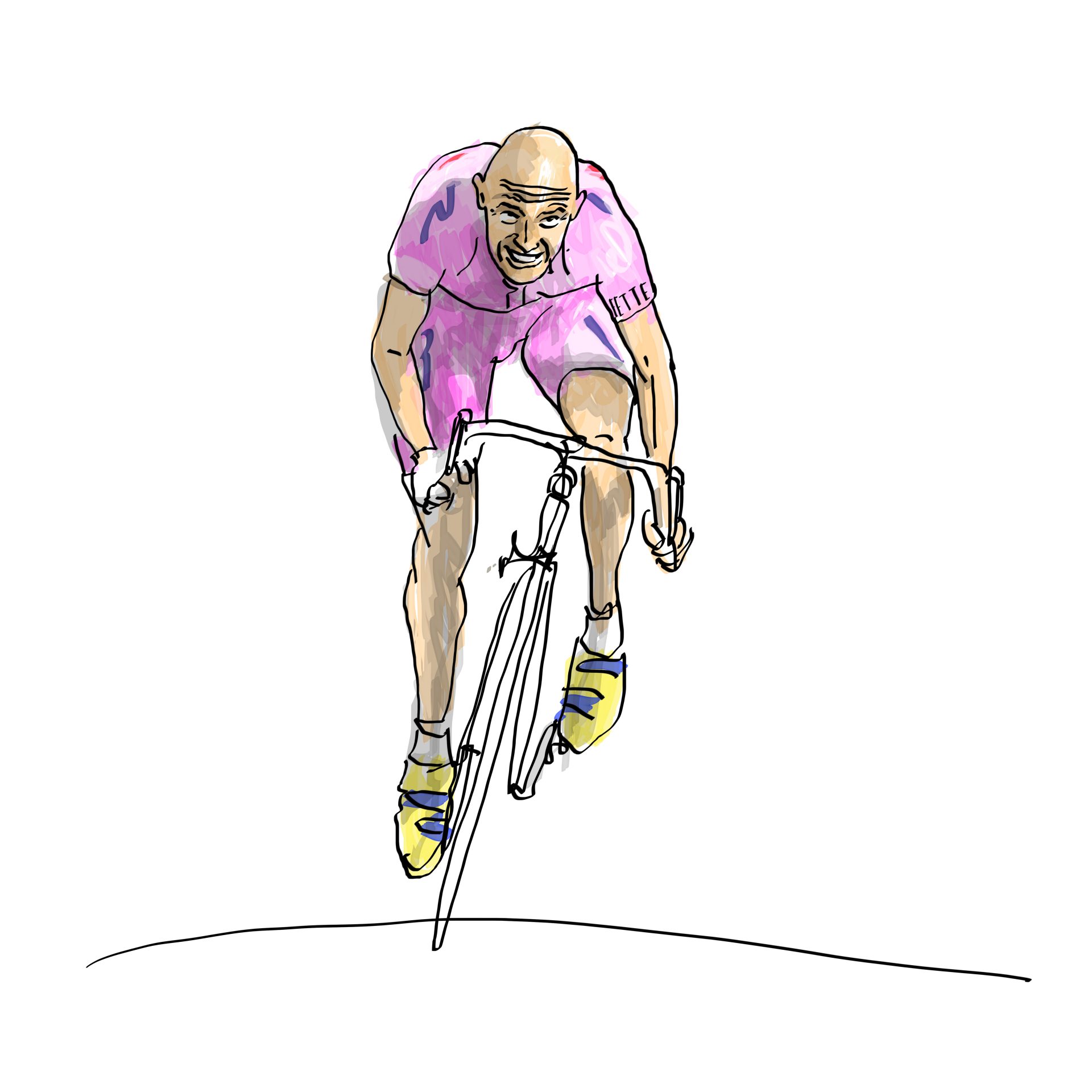 A simple illustration of Marco Pantani accelerating out of the saddle, wearing the pink clothing of Mercatone Uno.