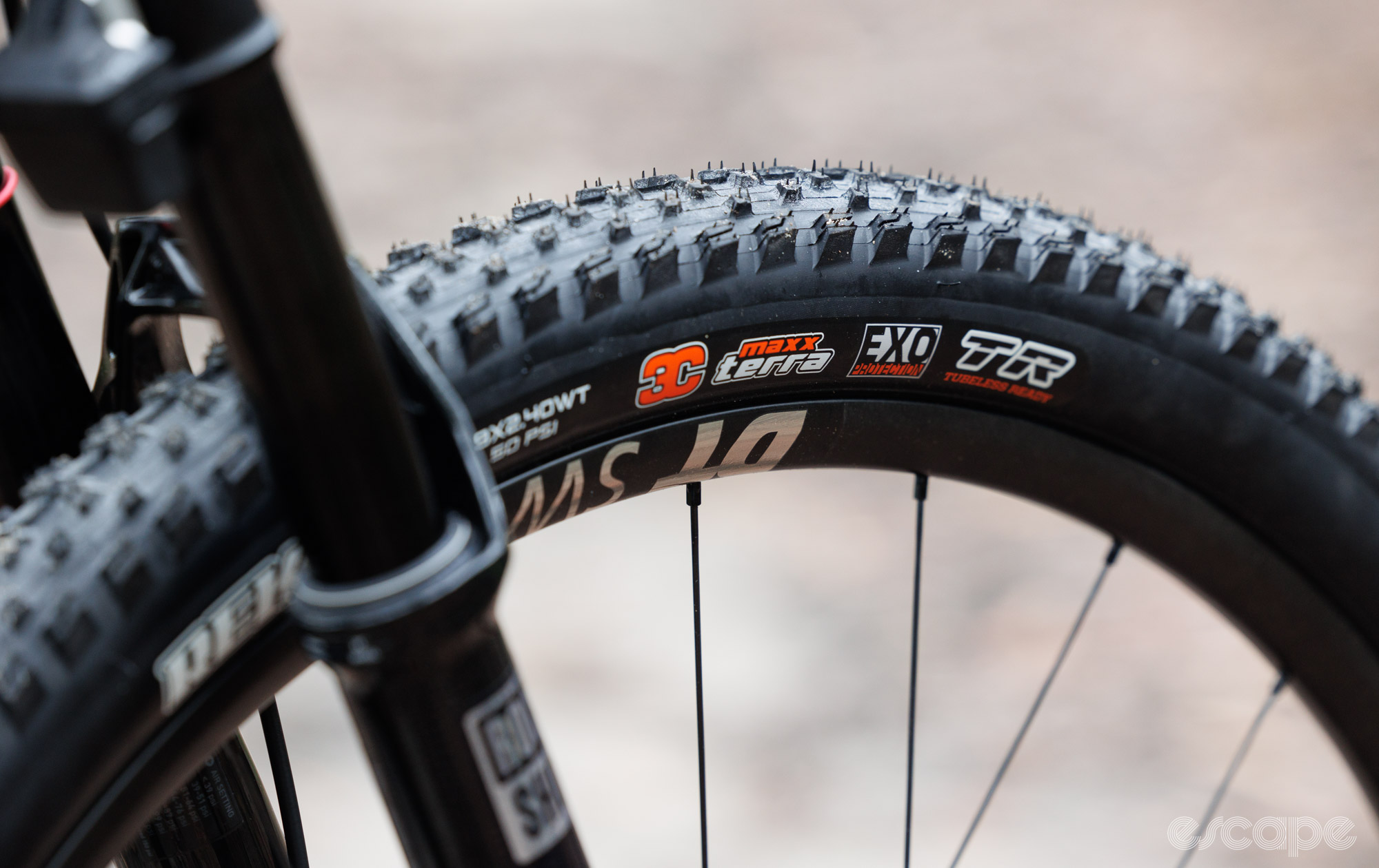 A close up of the front Maxxis Rekon tyre. 