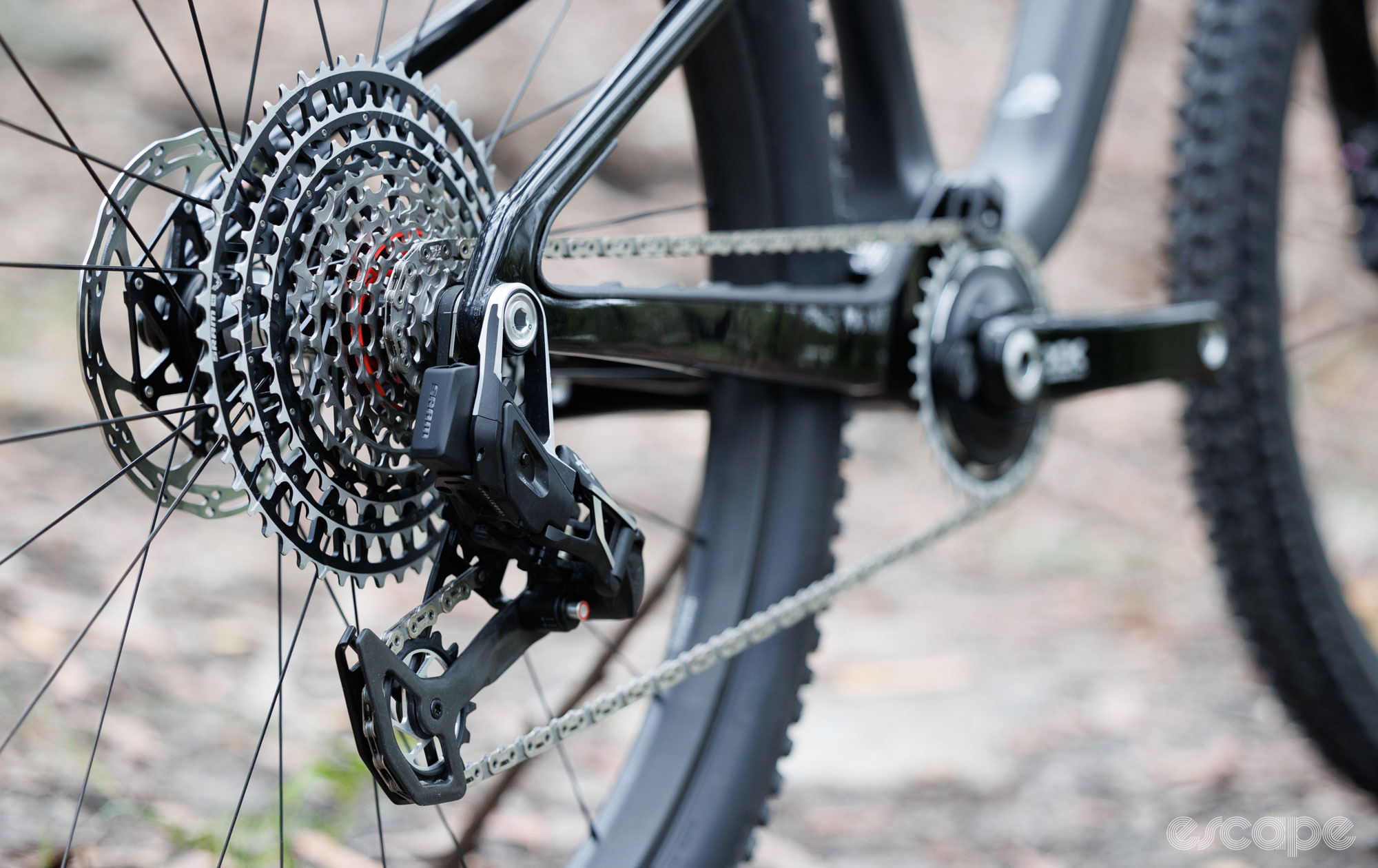 SRAM XX SL Transmission drivetrain shown, including the T-type mount to the frame. 