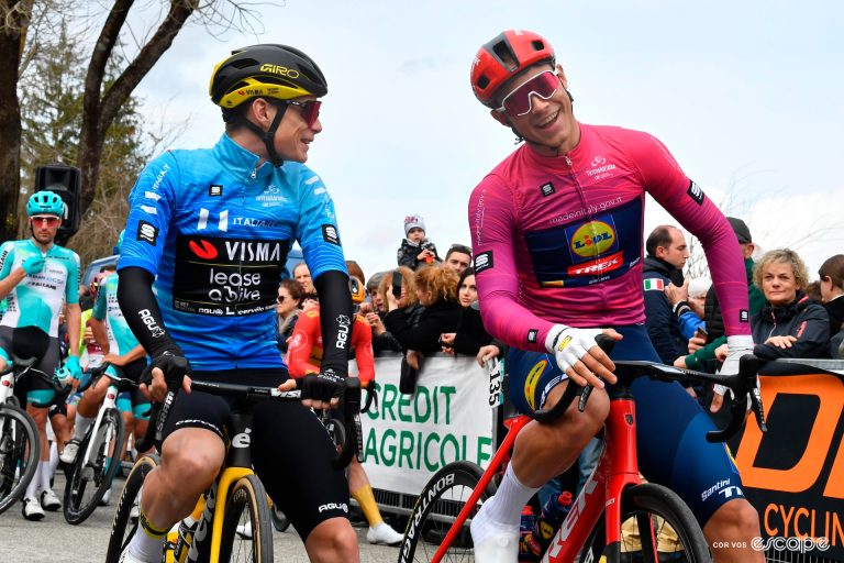 Jonas Vingegaard and Jonathan Milan share a laugh before stage 6 of Tirreno-Adriatico 2024.