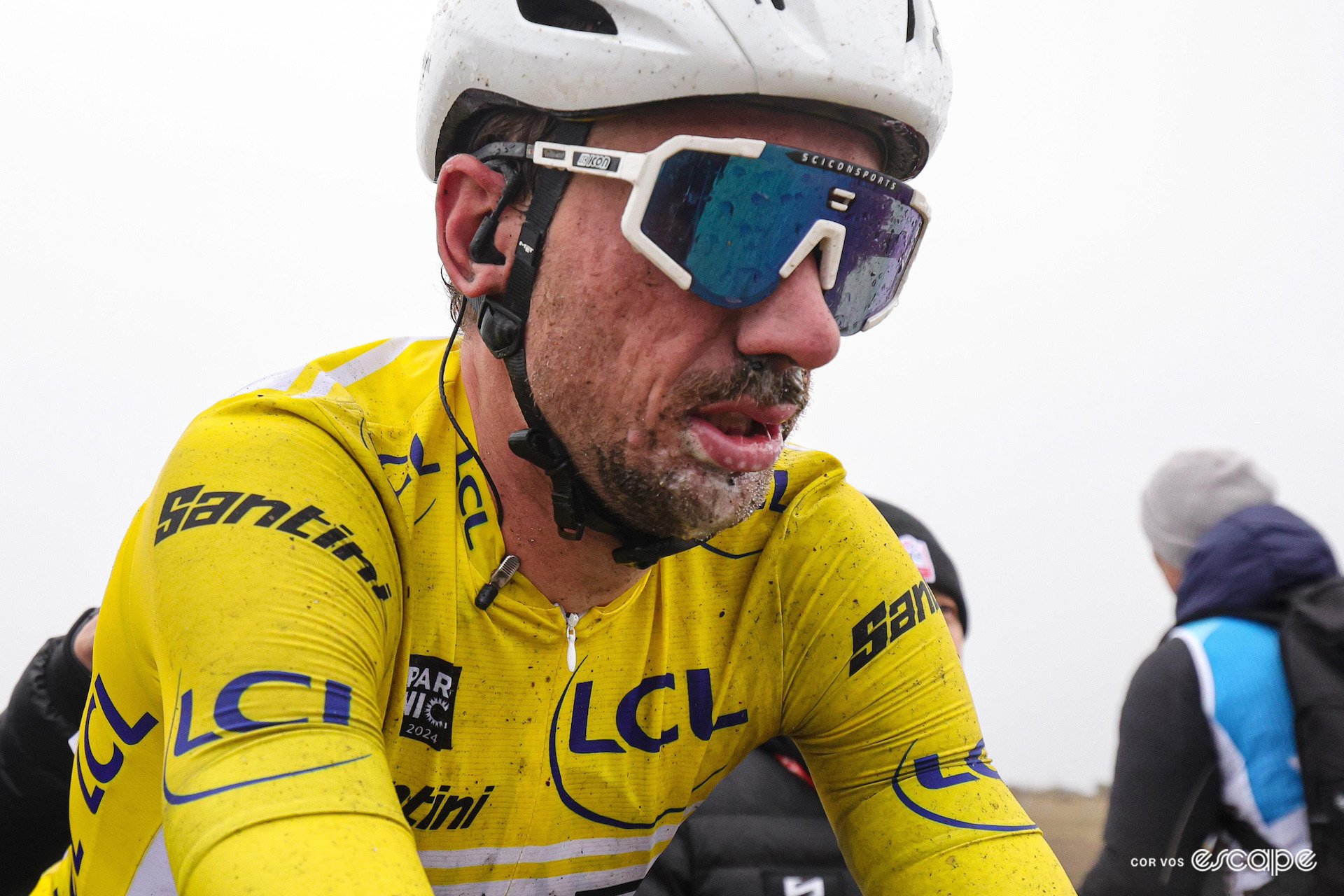Brandon McNulty looks exhausted in the yellow jersey after stage 7 of Paris-Nice 2024.