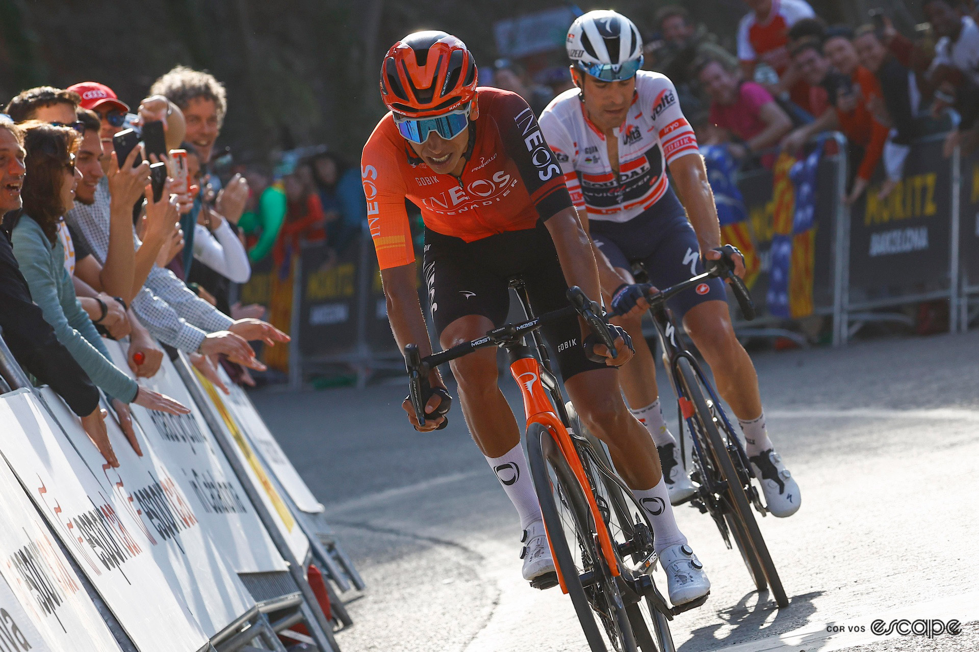 Egan Bernal leads Mikel Landa over the finish line of stage 6 at the 2024 Volta a Catalunya.