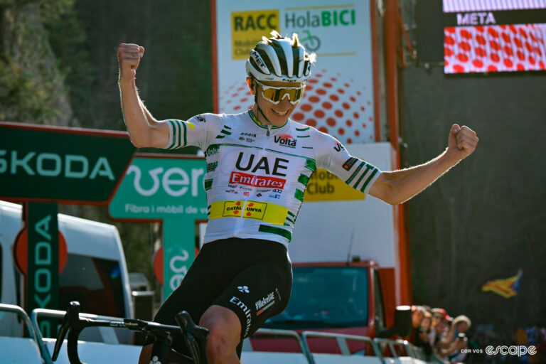 Tadej Pogačar celebrates winning stage 6 of the Volta a Catalunya.