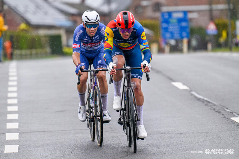 Mads Pedersen and Gianni Vermeersch break away during the 2024 Tour of Flanders.