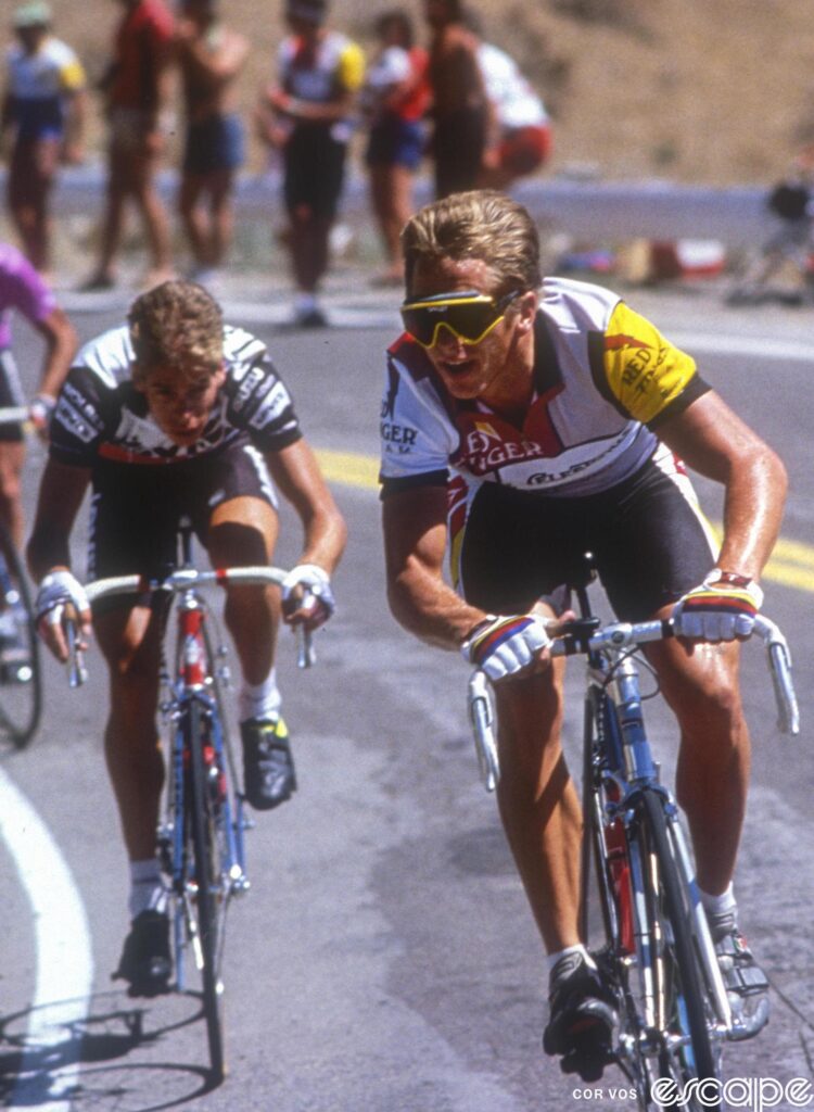 Hampsten, at left, digs deep to follow an acceleration from La Vie Claire's Greg LeMond at an early-80s Coors Classic.