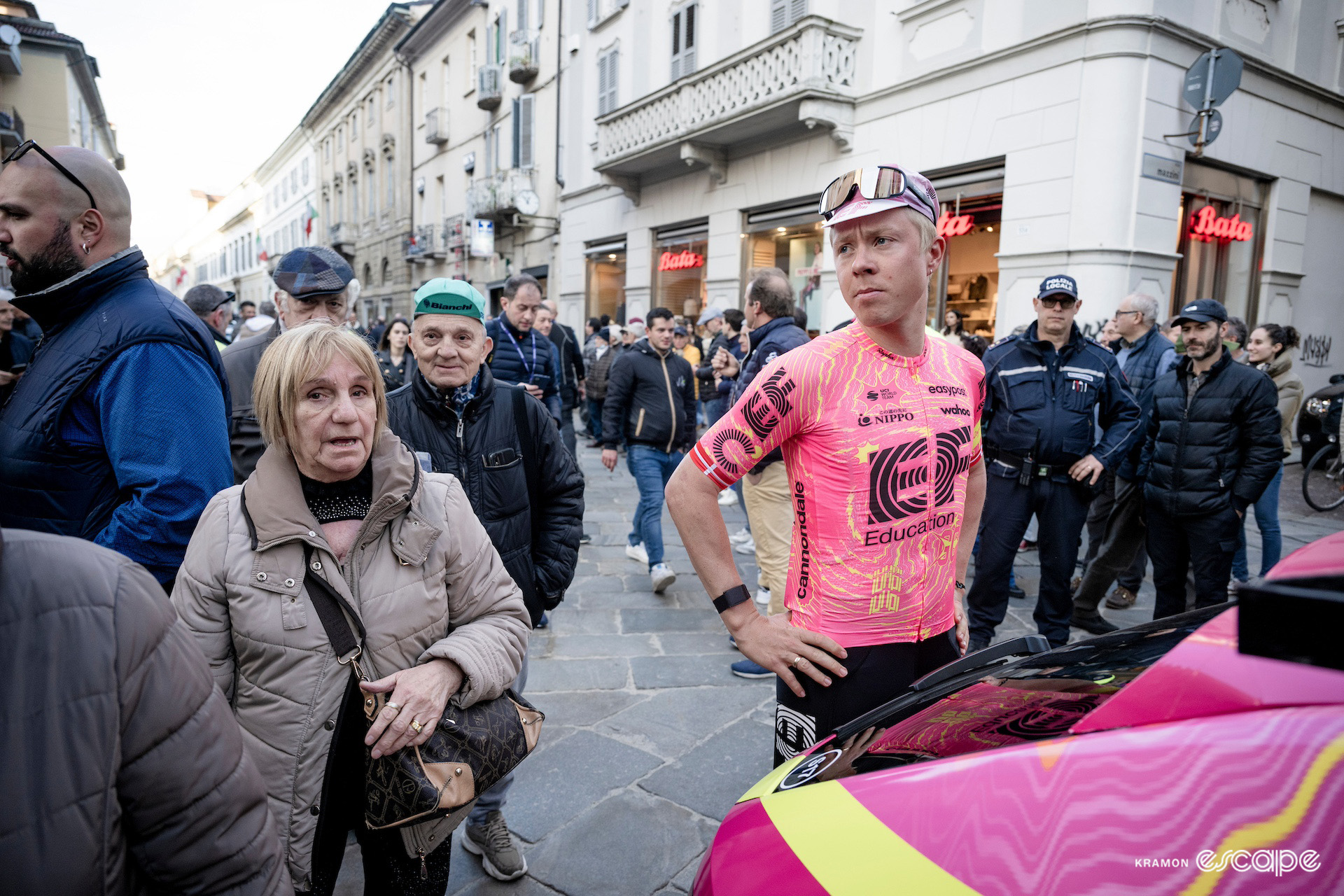 Michael Valgren among the crowds at the team presentation for Milan-San Remo 2024.
