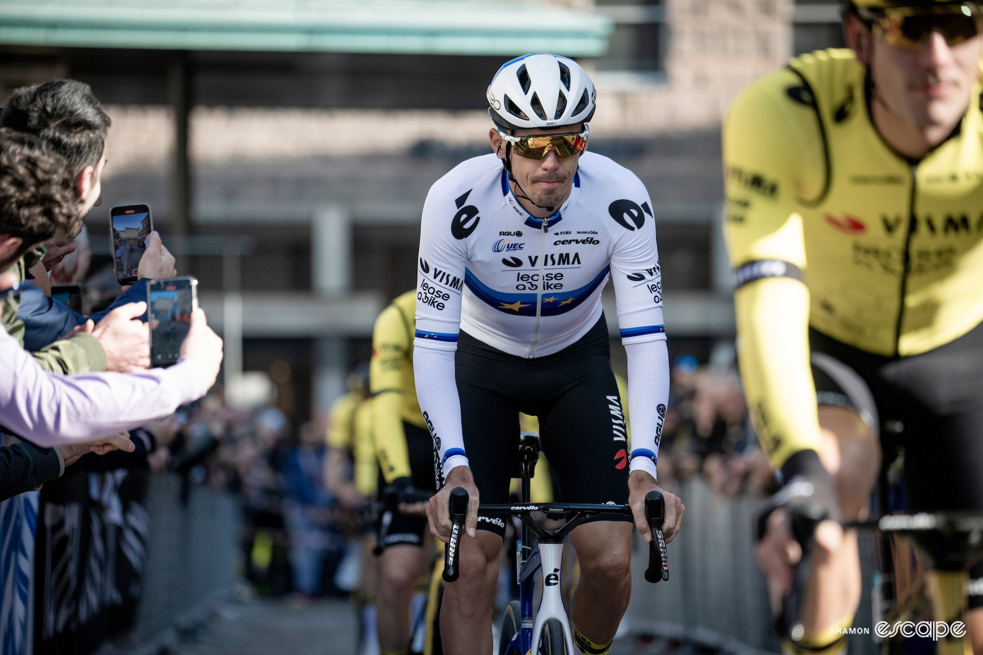 European champion Christophe Laporte rides to the start of Milan-San Remo 2024.