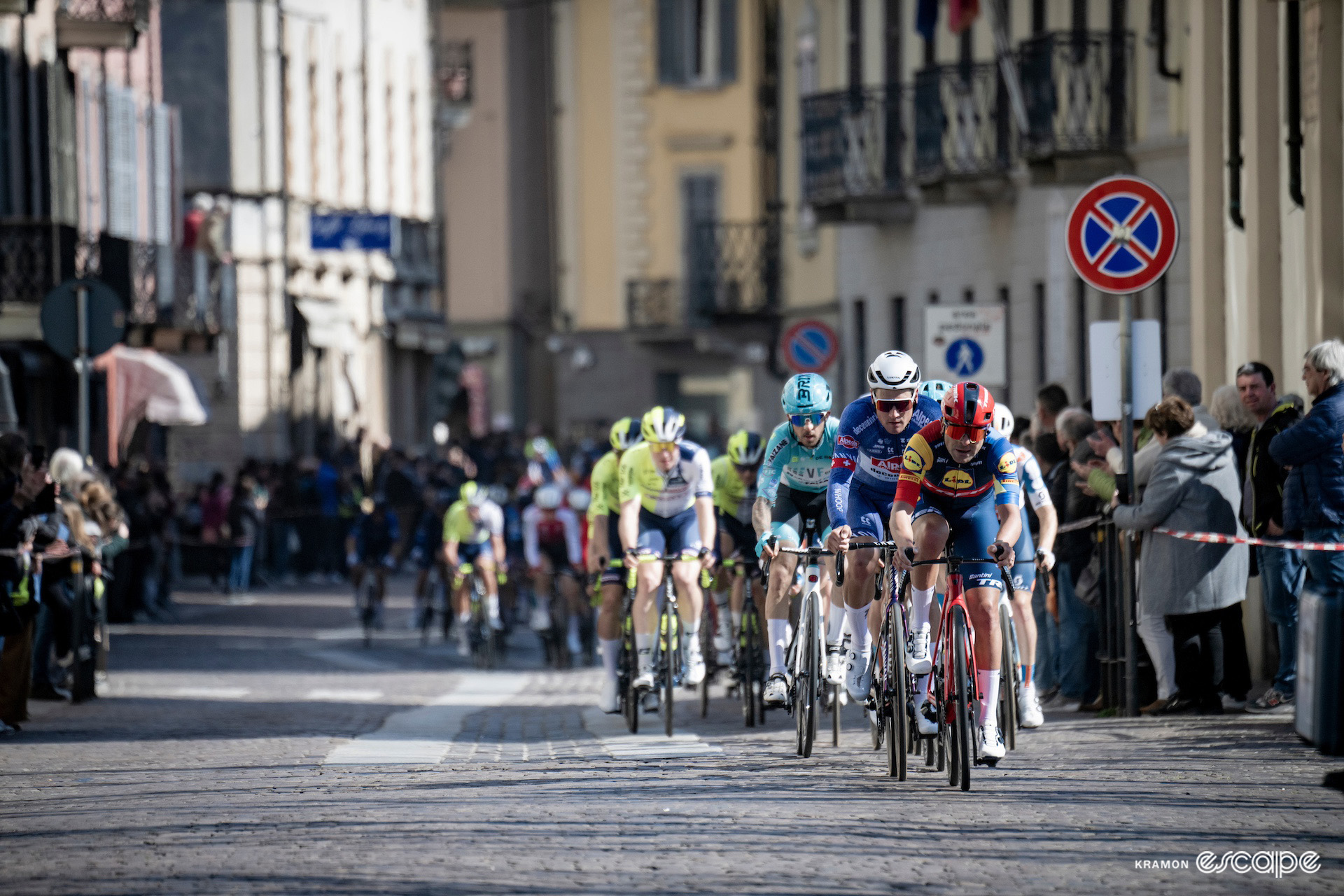 The peloton led by Jacopo Mosca during Milan-San Remo 2024.