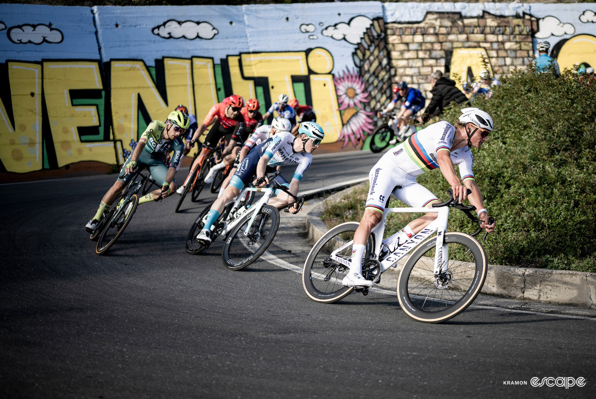 Mathieu van der Poel leads the favourites down the Cipressa during Milan-San Remo 2024.